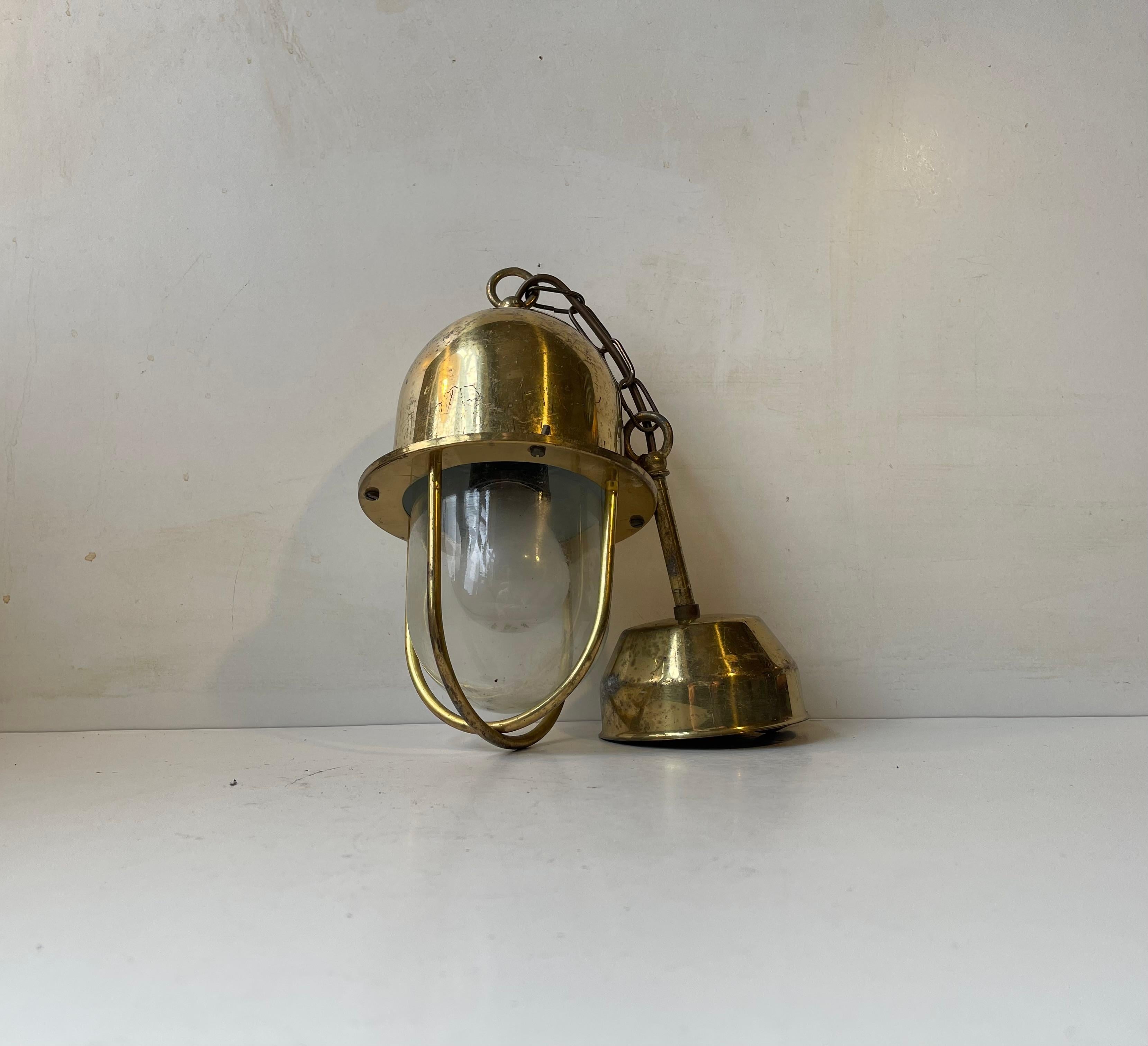 Mid-Century Modern Industrial - Nautical Pendant Lamp in Brass & Glass, 1970s For Sale