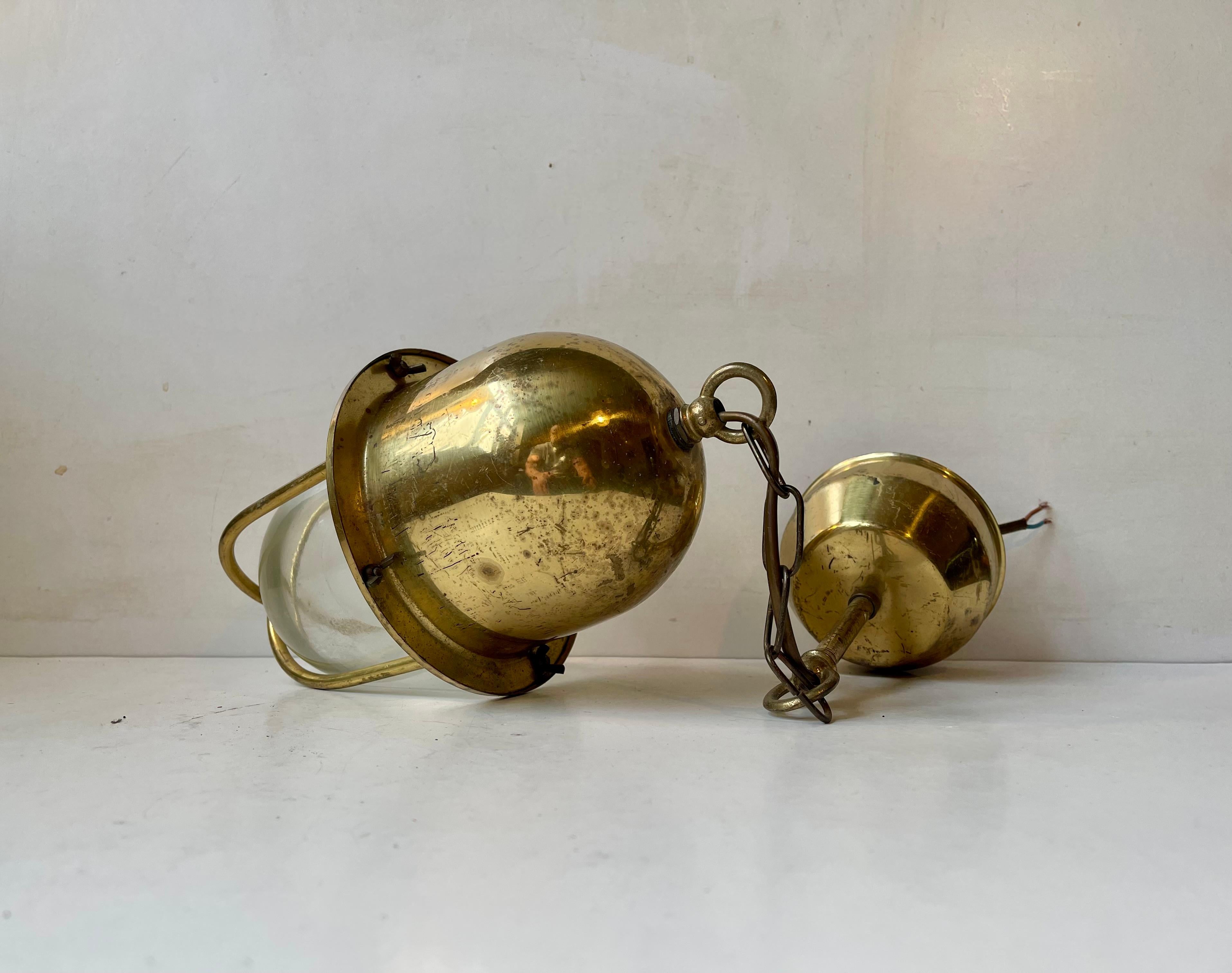 20th Century Industrial - Nautical Pendant Lamp in Brass & Glass, 1970s For Sale