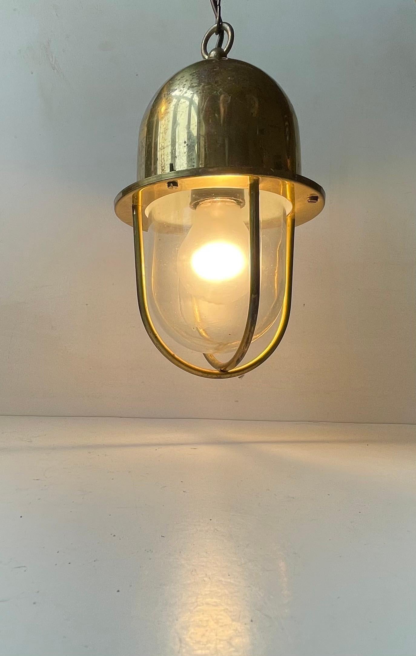 Industrial - Nautical Pendant Lamp in Brass & Glass, 1970s For Sale 1