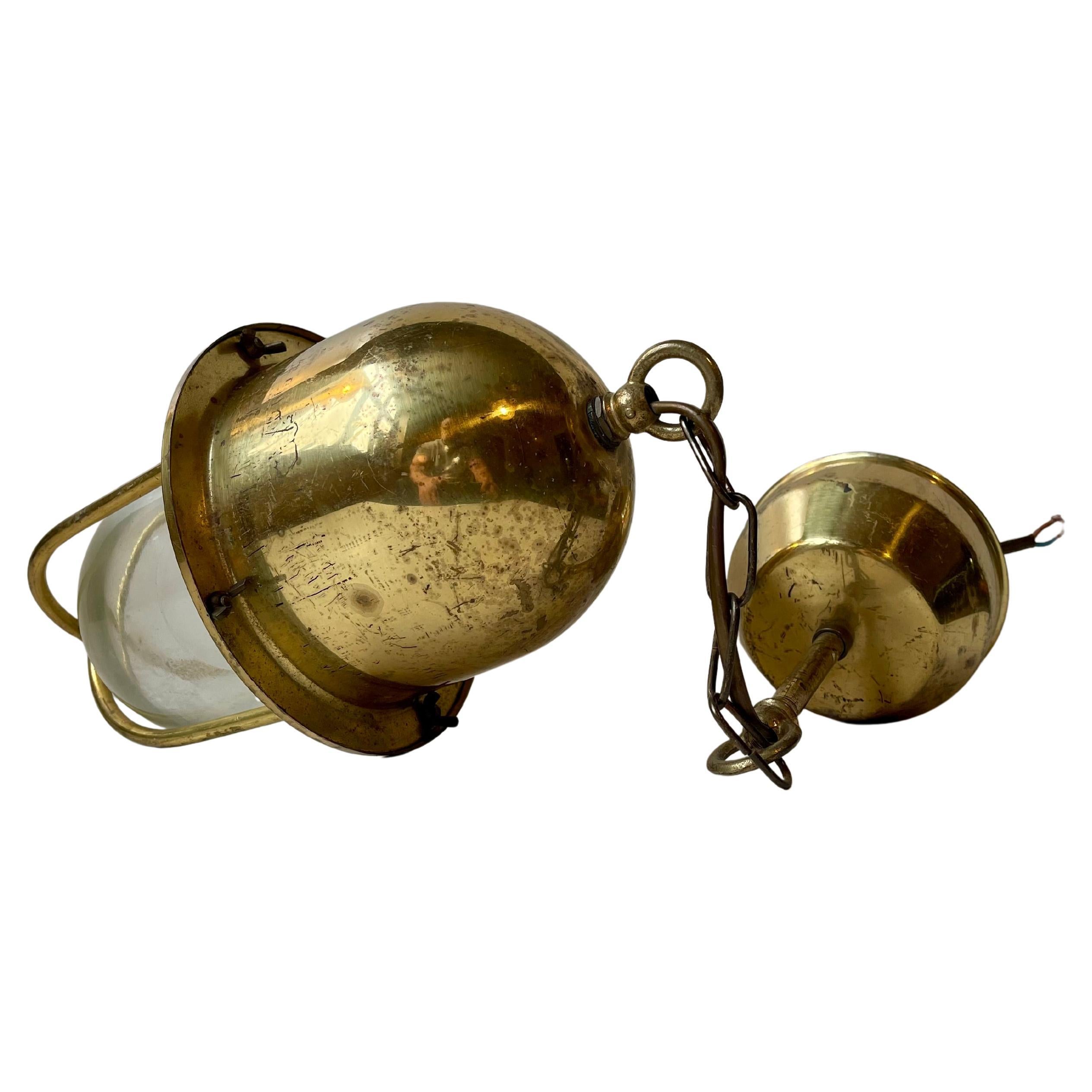 Industrial - Nautical Pendant Lamp in Brass & Glass, 1970s For Sale