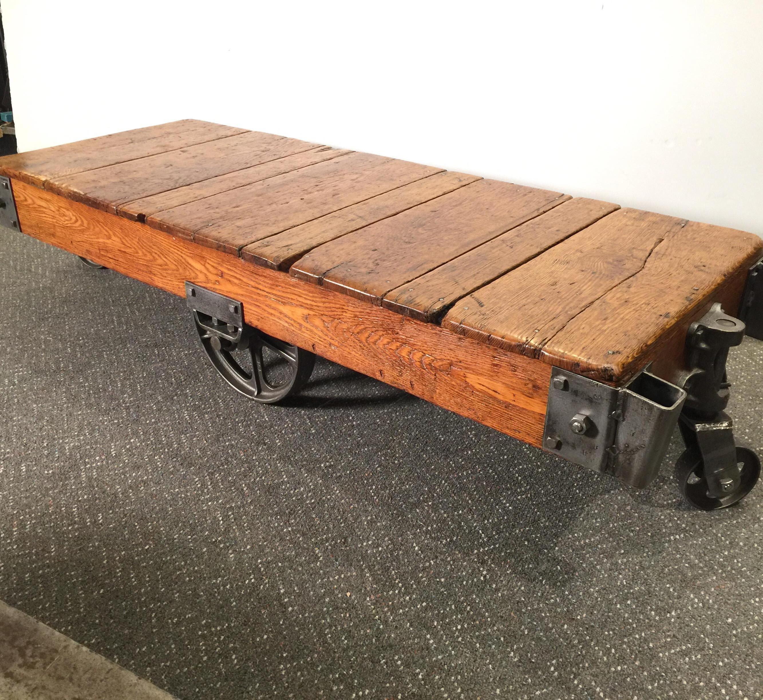 Industrial Oak and Steel Factory Cart, Fully Restored 1