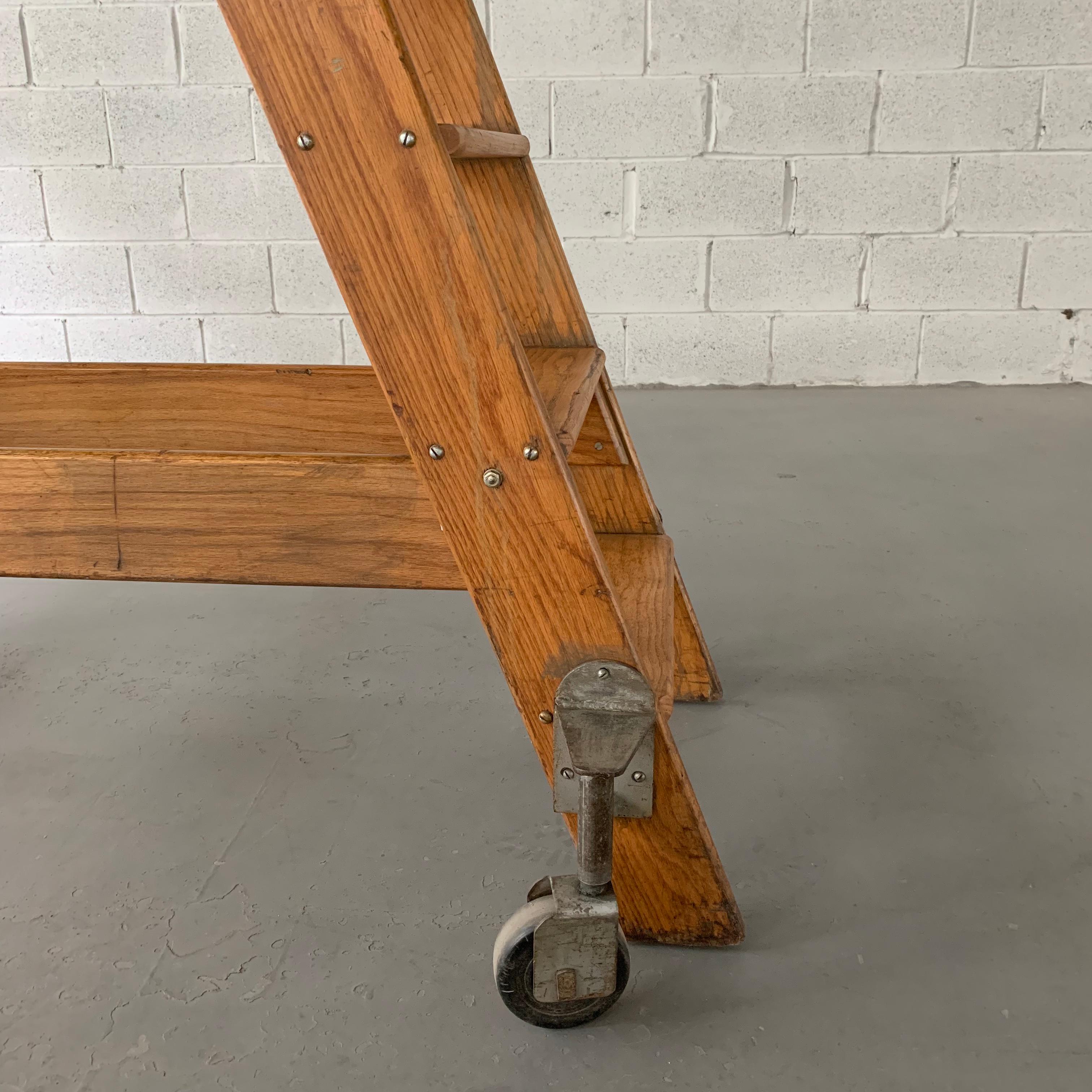 Industrial Oak Rolling A Frame Ladder by Putnam In Good Condition In Brooklyn, NY