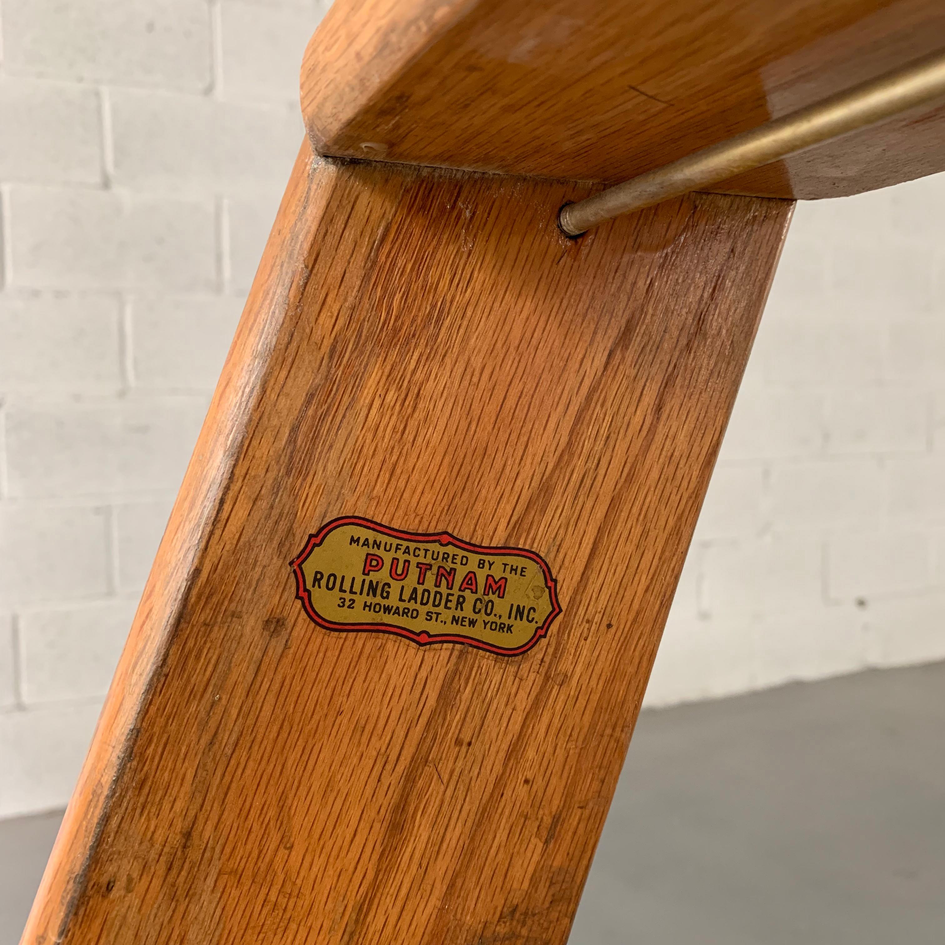 20th Century Industrial Oak Rolling A Frame Ladder by Putnam