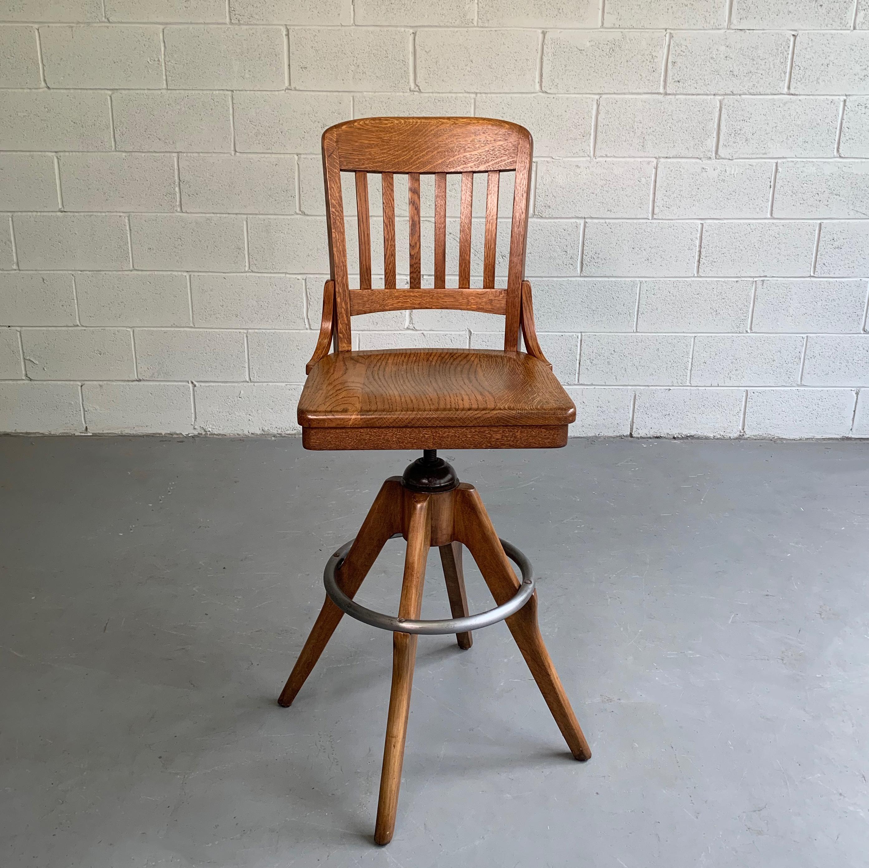 American Industrial Oak Swivel Drafting Stool by Gunlocke