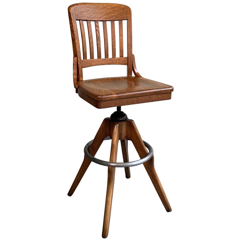 Industrial Oak Swivel Drafting Stool by Gunlocke at 1stDibs