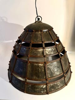 Industrial or Primitive Brutalis Metal and Iron Riveted Chandelier Pendant Light