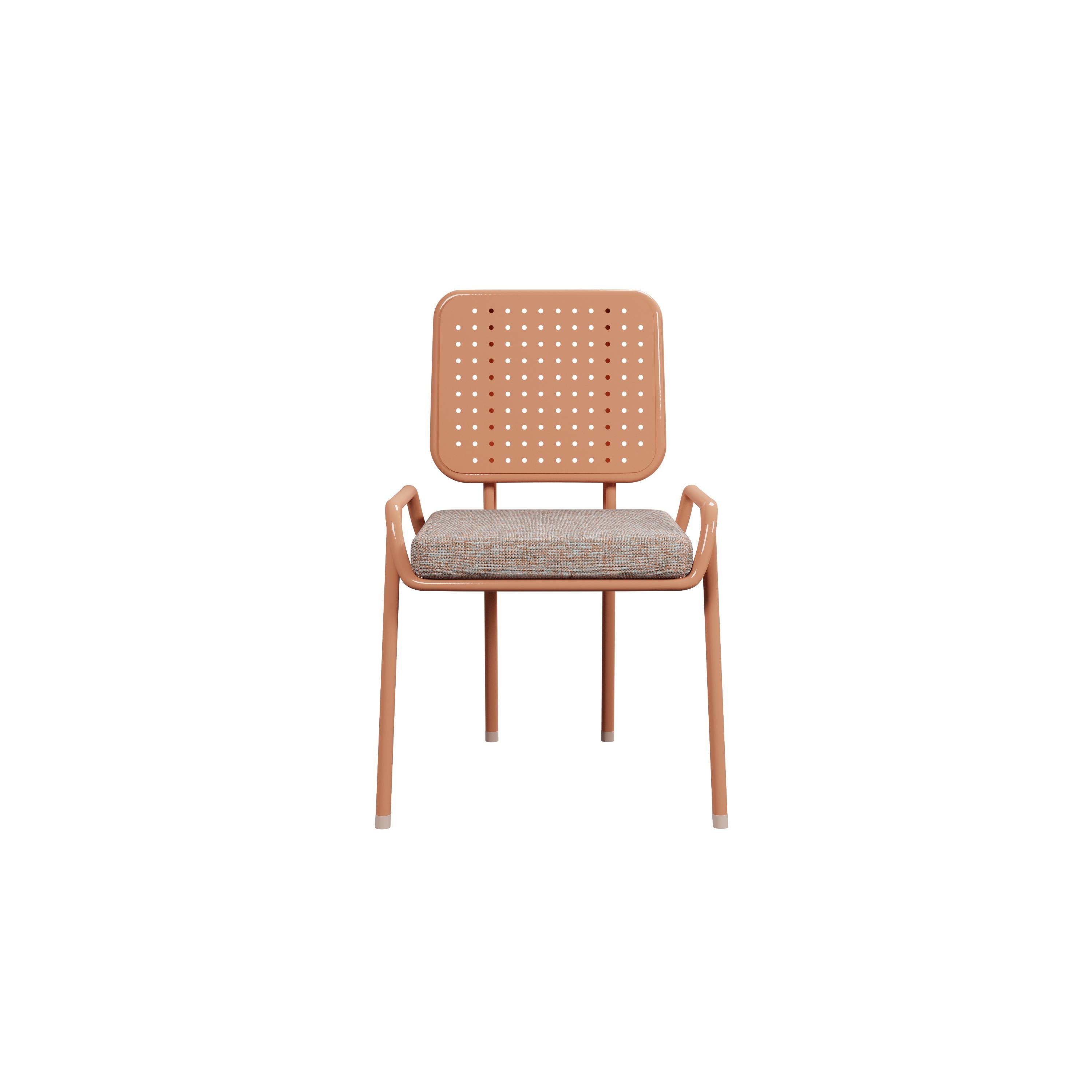 The Murmurio DUV outdoor chair features a robust iron frame that ensures a stable and secure base. This robust foundation is complemented by a weather-resistant metal plate, which adds a touch of artistic elegance to the chair’s back. The seat is