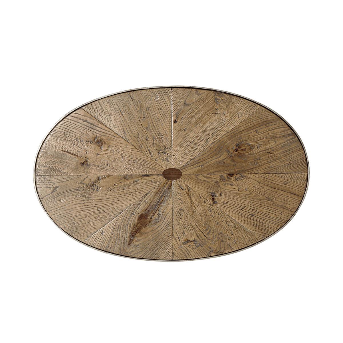 With a rustic inlaid sunburst top in a light echo oak finish, an oval cantilever form with a 'vintage' metal open frame base.

Dimensions: 14