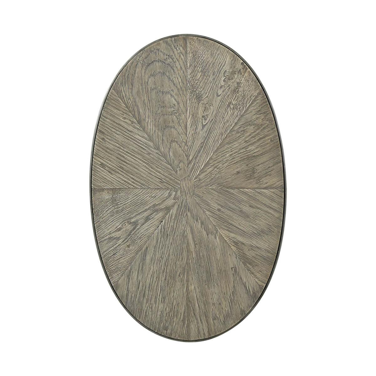 With a rustic inlaid sunburst top in a dark grey echo oak finish, an oval cantilever form with a 'vintage' metal open frame base.

Dimensions: 14