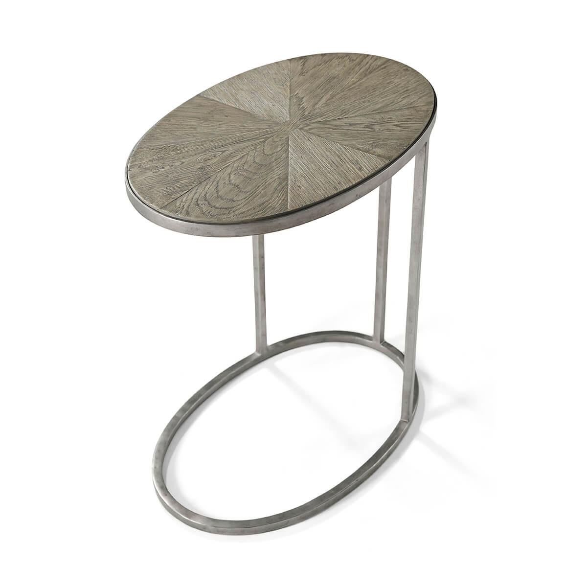Metal Industrial Oval Sunburst Accent Table - Grey Oak For Sale
