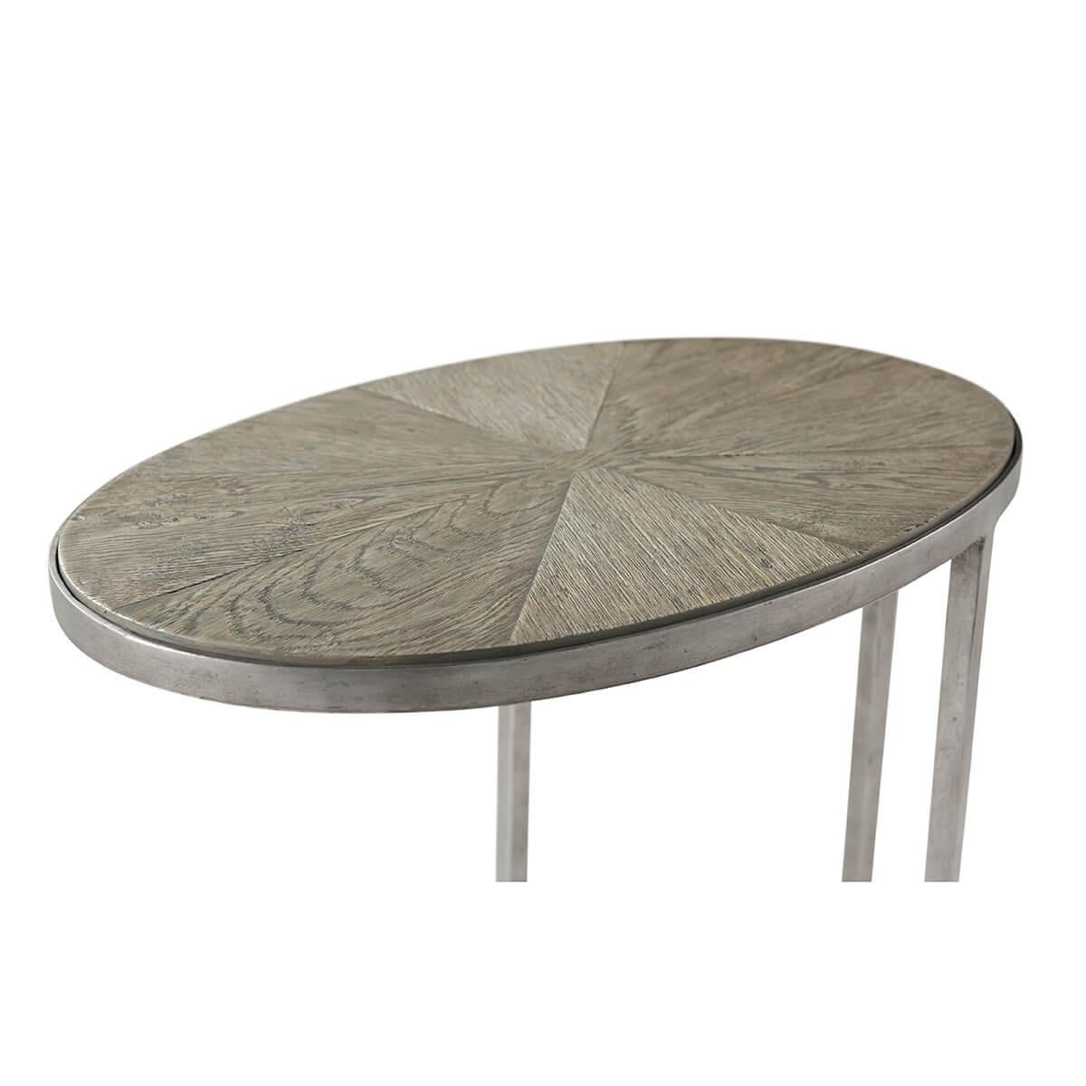 Industrial Oval Sunburst Accent Table - Grey Oak For Sale 1
