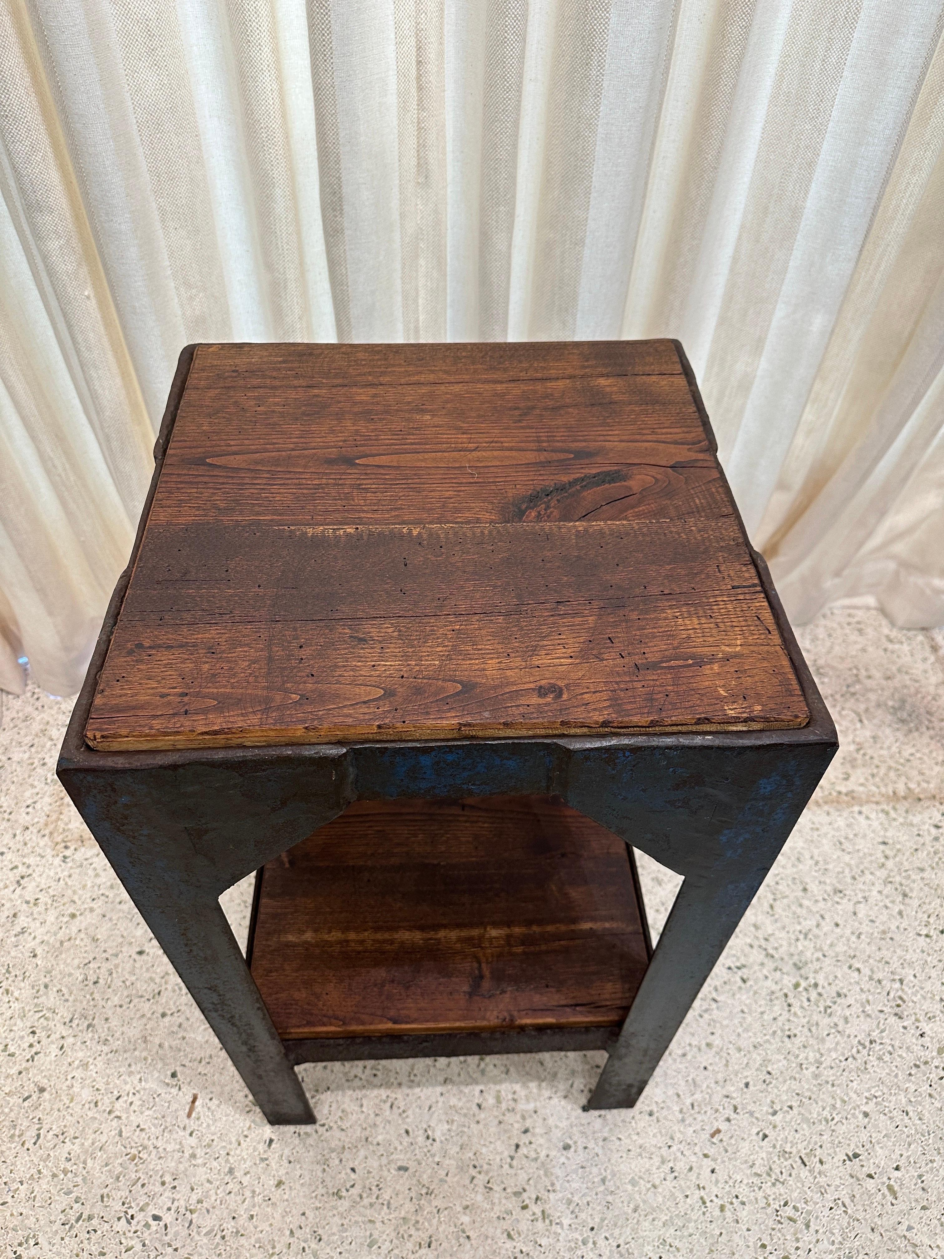 20th Century Industrial Painted Iron and Butcher Block Wood Pedestal For Sale