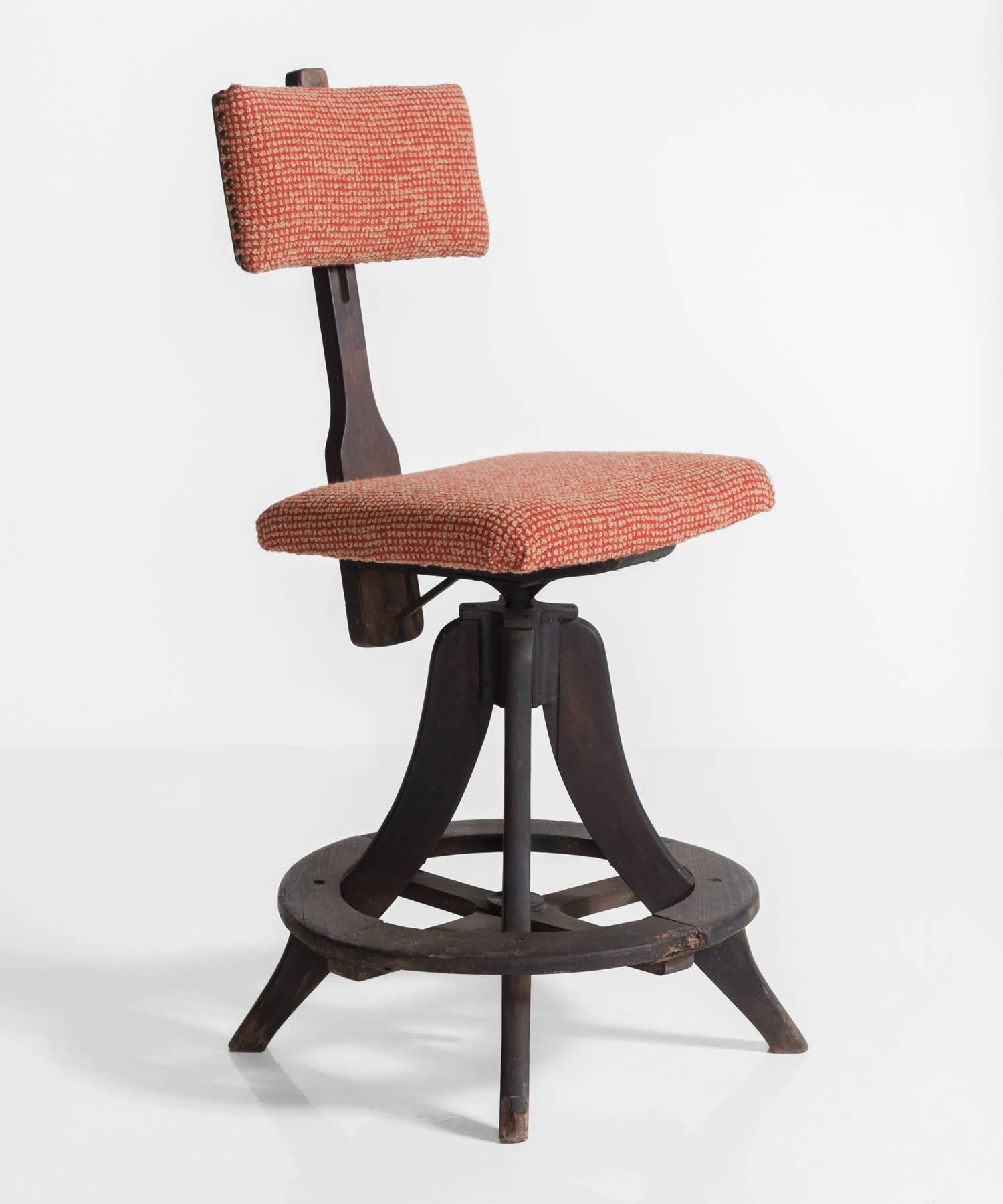 Industrial Upholstered Painters Stool, England, circa 1940

Backrest and seat height are both adjustable, and newly upholstered in Maharam fabric.