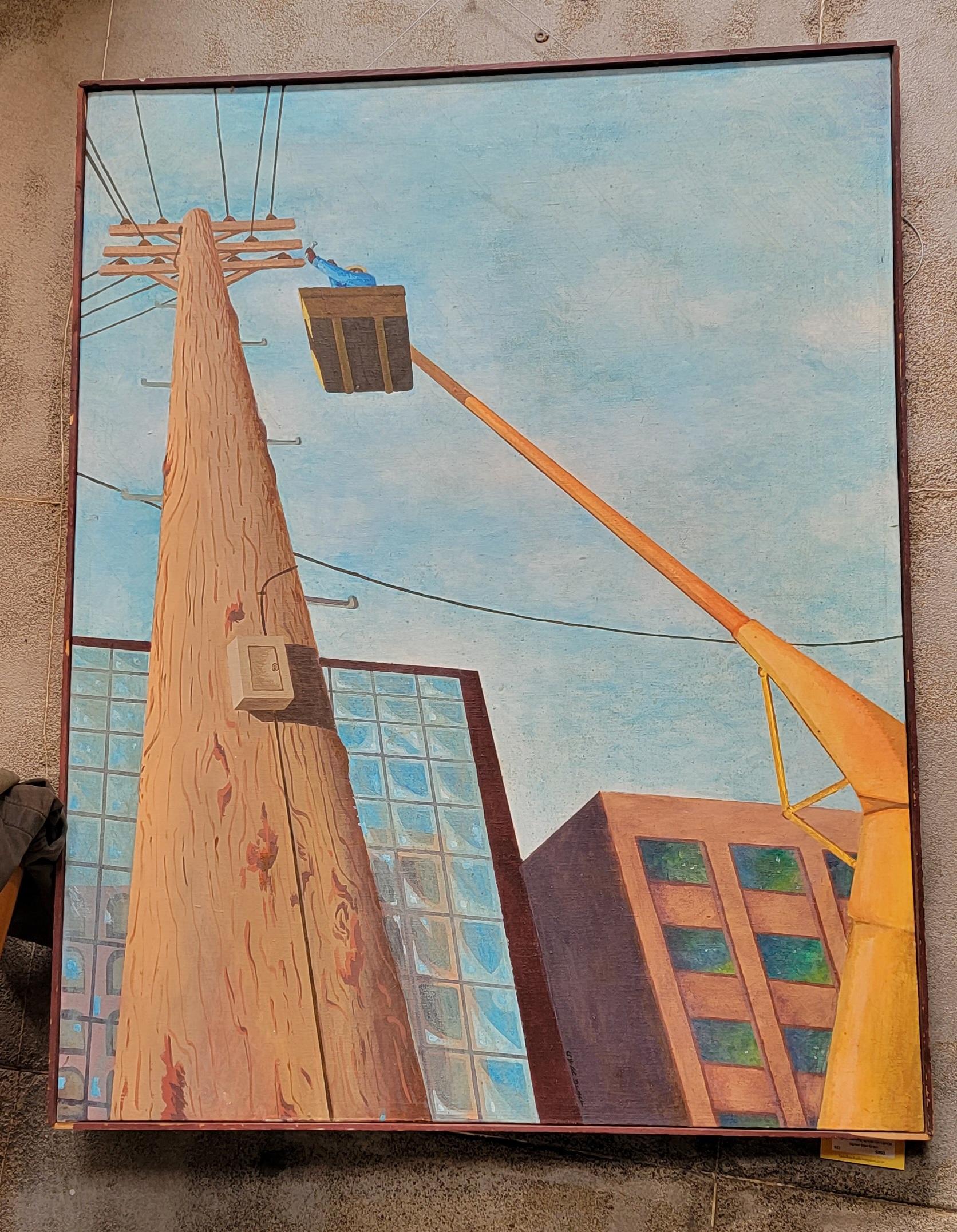 20th Century Industrial Painting with Telephone & Electric Lines For Sale