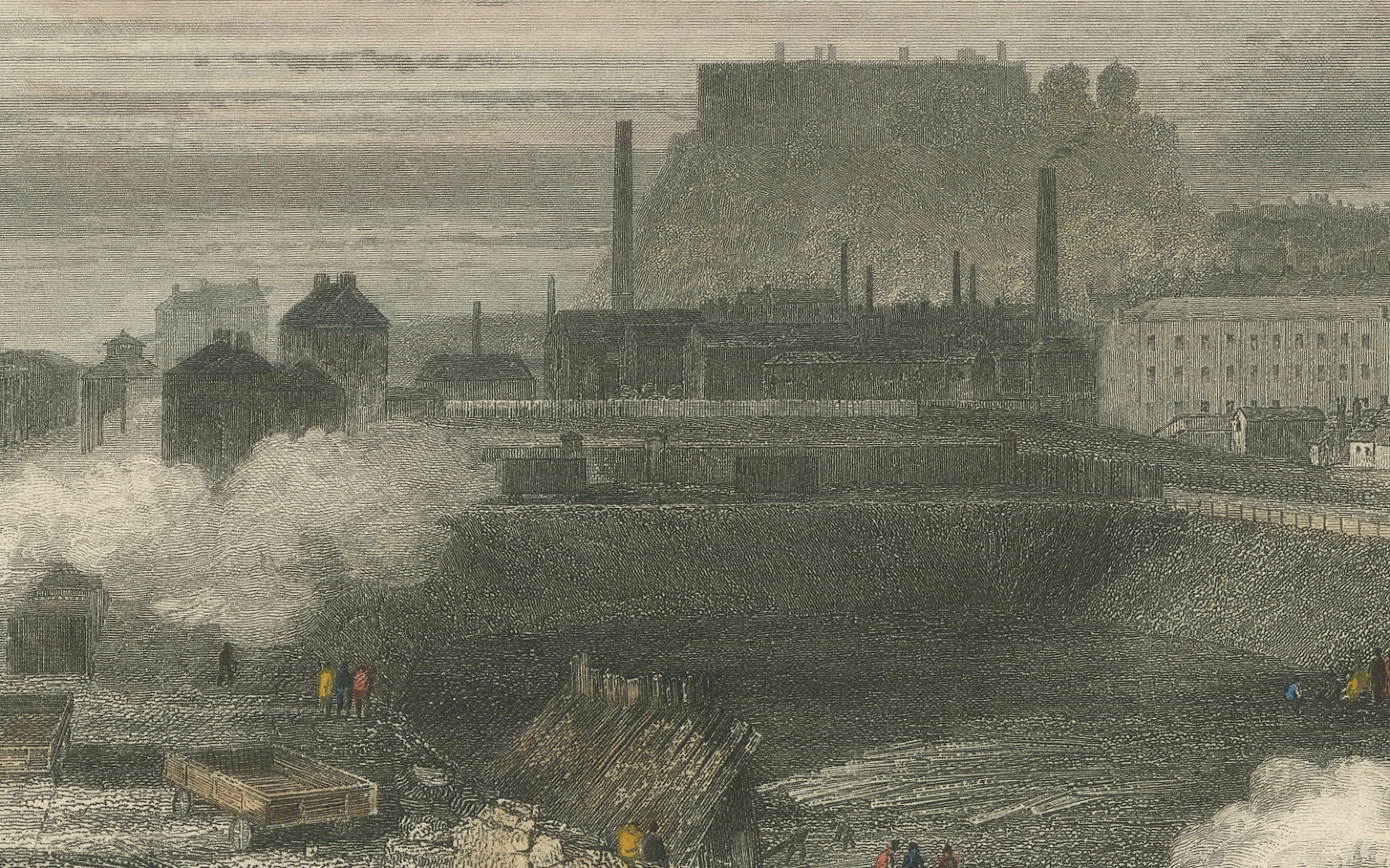 Titre : Panorama industriel : Nottingham, Angleterre au 19ème siècle  

Description : Cette estampe finement gravée et subtilement colorée à la main représente une vue de Nottingham, en Angleterre, au XIXe siècle, à l'apogée de son développement
