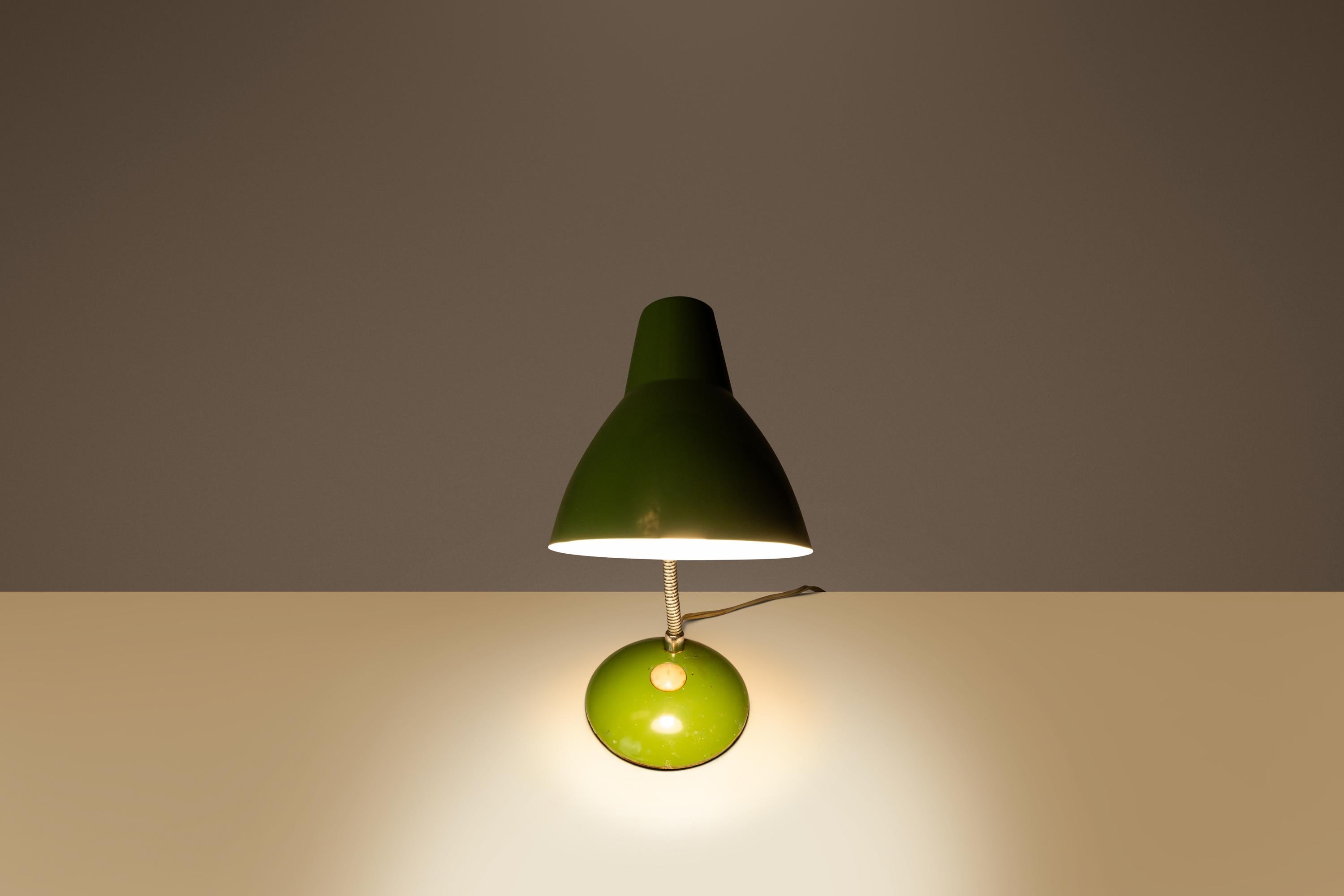 Mid-Century Modern Industrial Patinaed Adjustable Height Desk Table Lamp in Army Green, c. 1960s For Sale