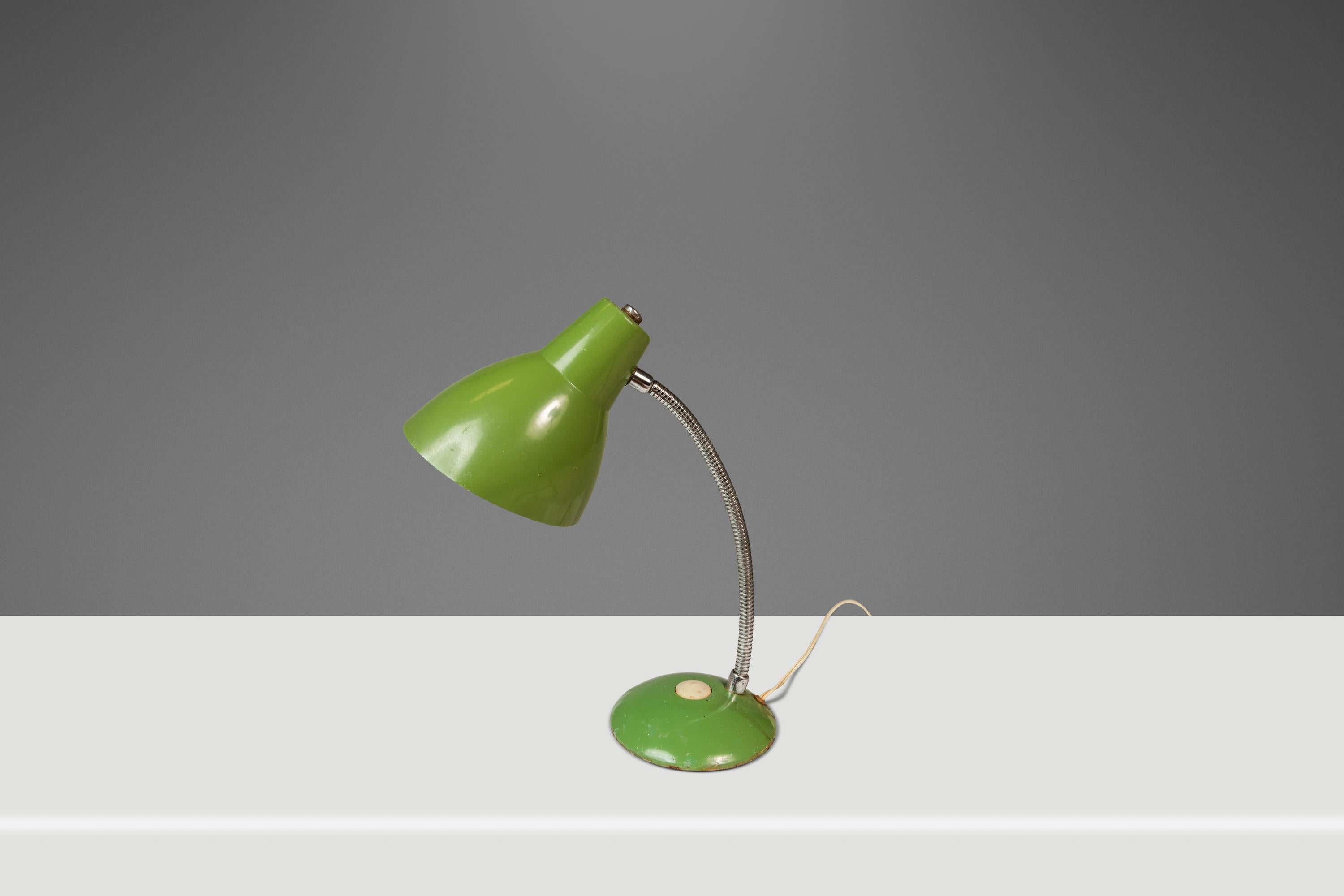 Industrial Patinaed Adjustable Height Desk Table Lamp in Army Green, c. 1960s In Good Condition For Sale In Deland, FL