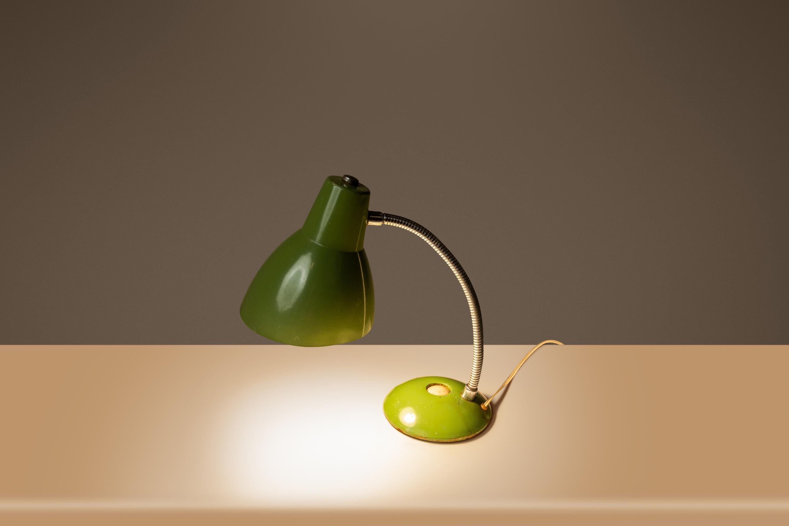 Metal Industrial Patinaed Adjustable Height Desk Table Lamp in Army Green, c. 1960s For Sale