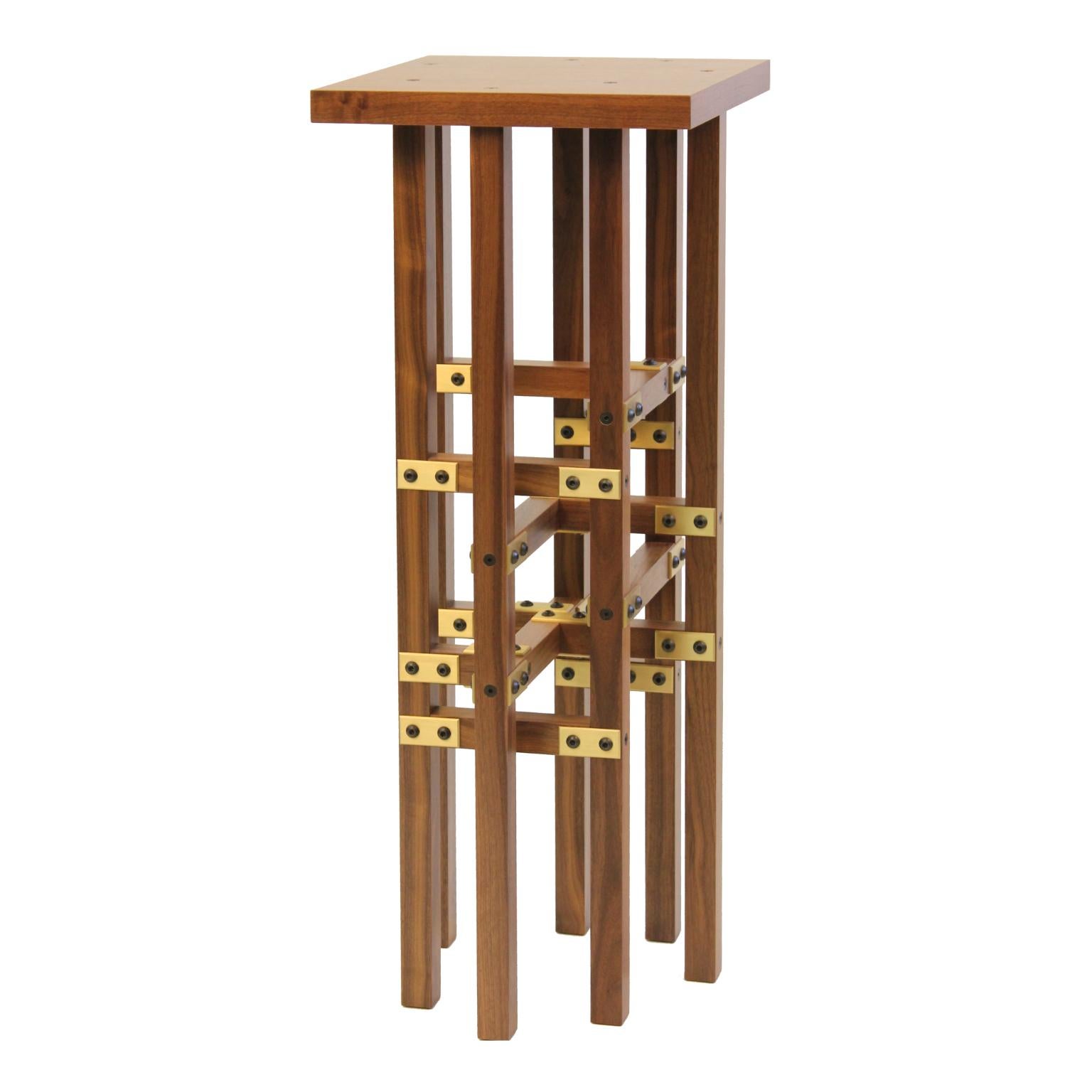 Contemporary Industrial Pedestal Table by Peter Harrison, Brass Metal and Walnut