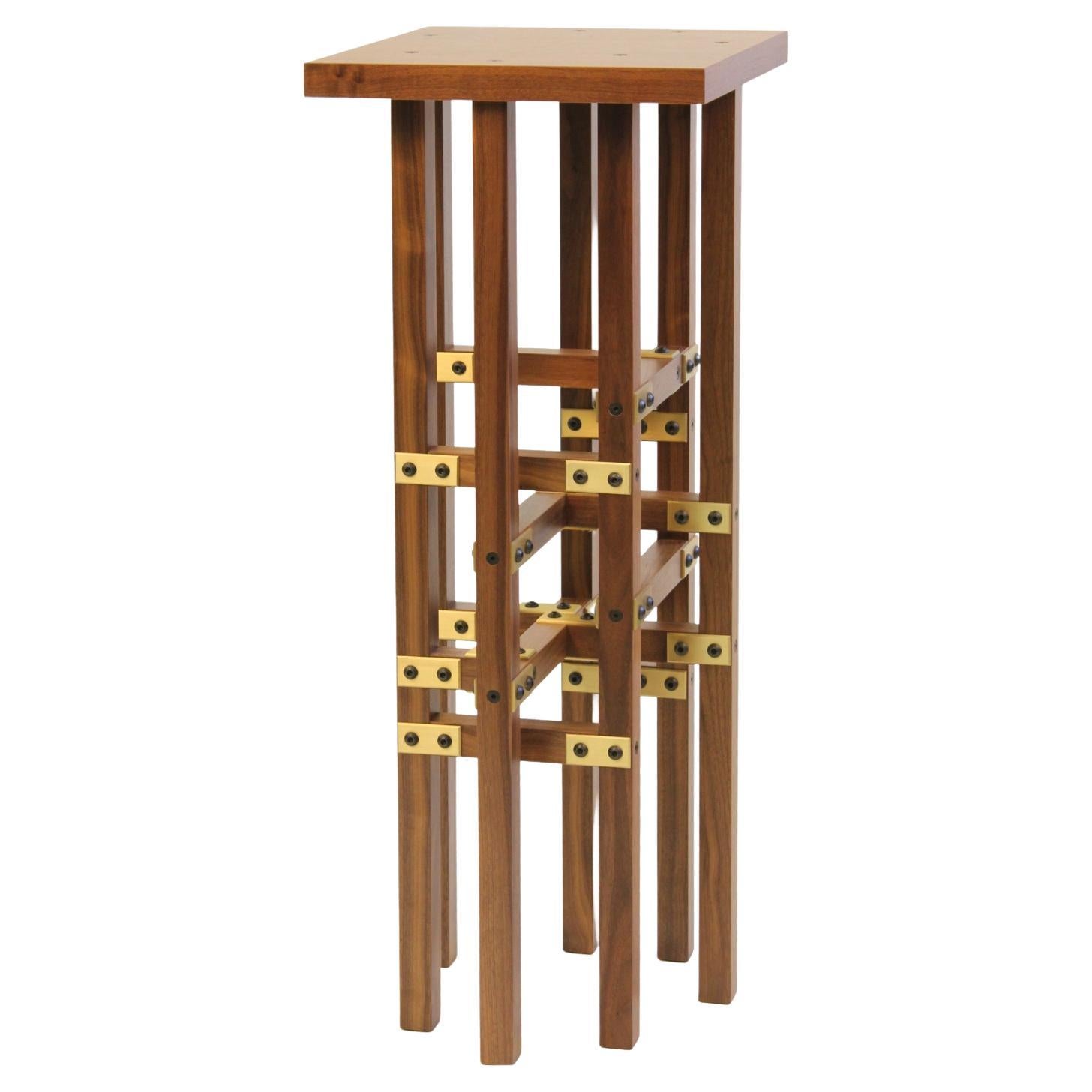 Industrial Pedestal Table by Peter Harrison, Brass Metal and Walnut