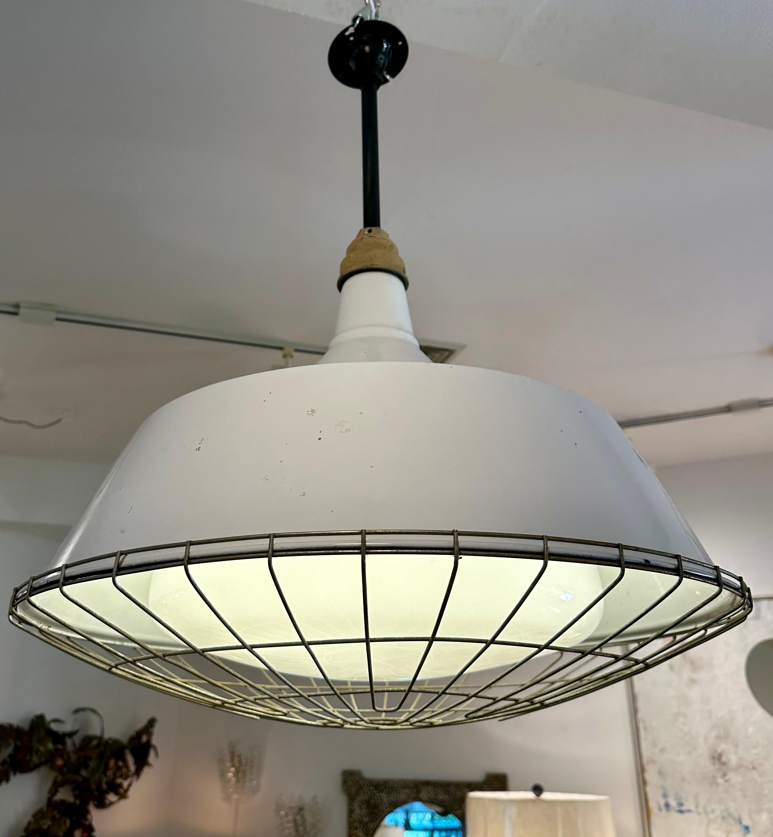 Industrial Pendant w/ Metal Cage Over Enamel and Milk Glass For Sale 1