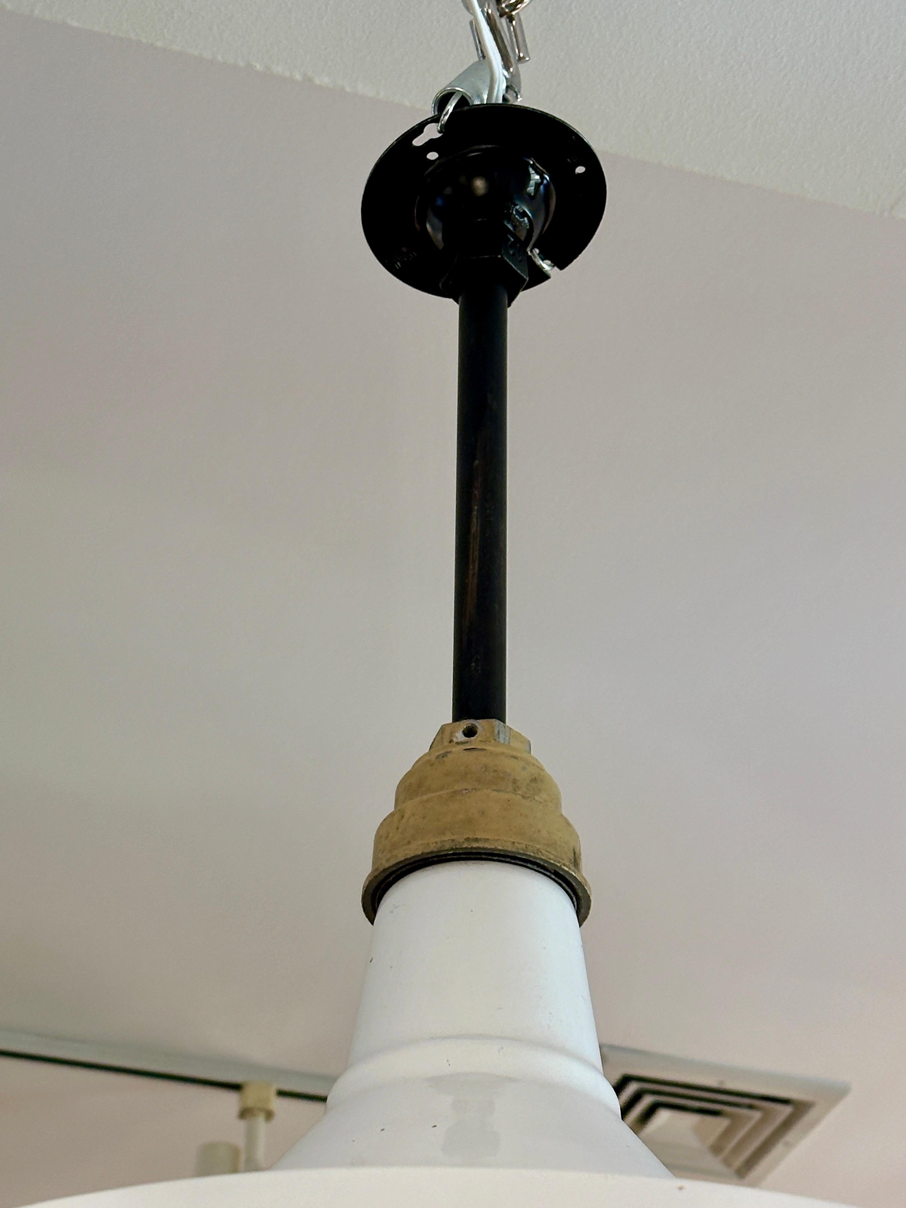 Industrial Pendant w/ Metal Cage Over Enamel and Milk Glass For Sale 2