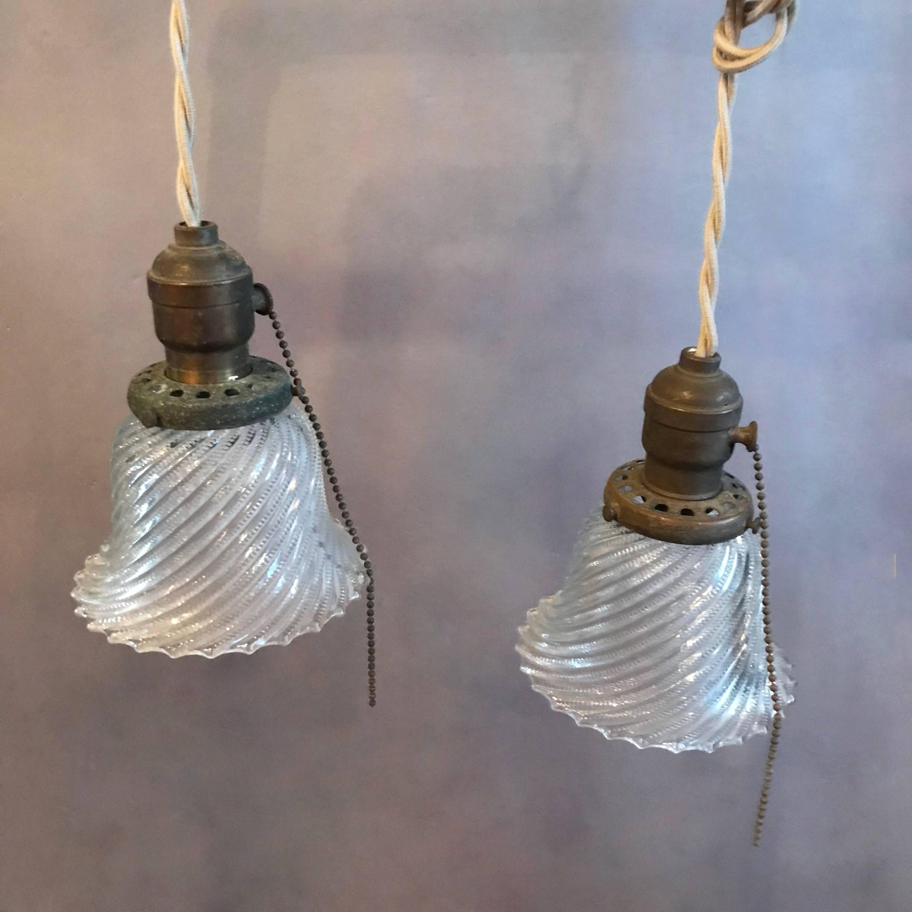American Industrial Petite Diagonal Swirl Holophane Bell Pendant Lights For Sale