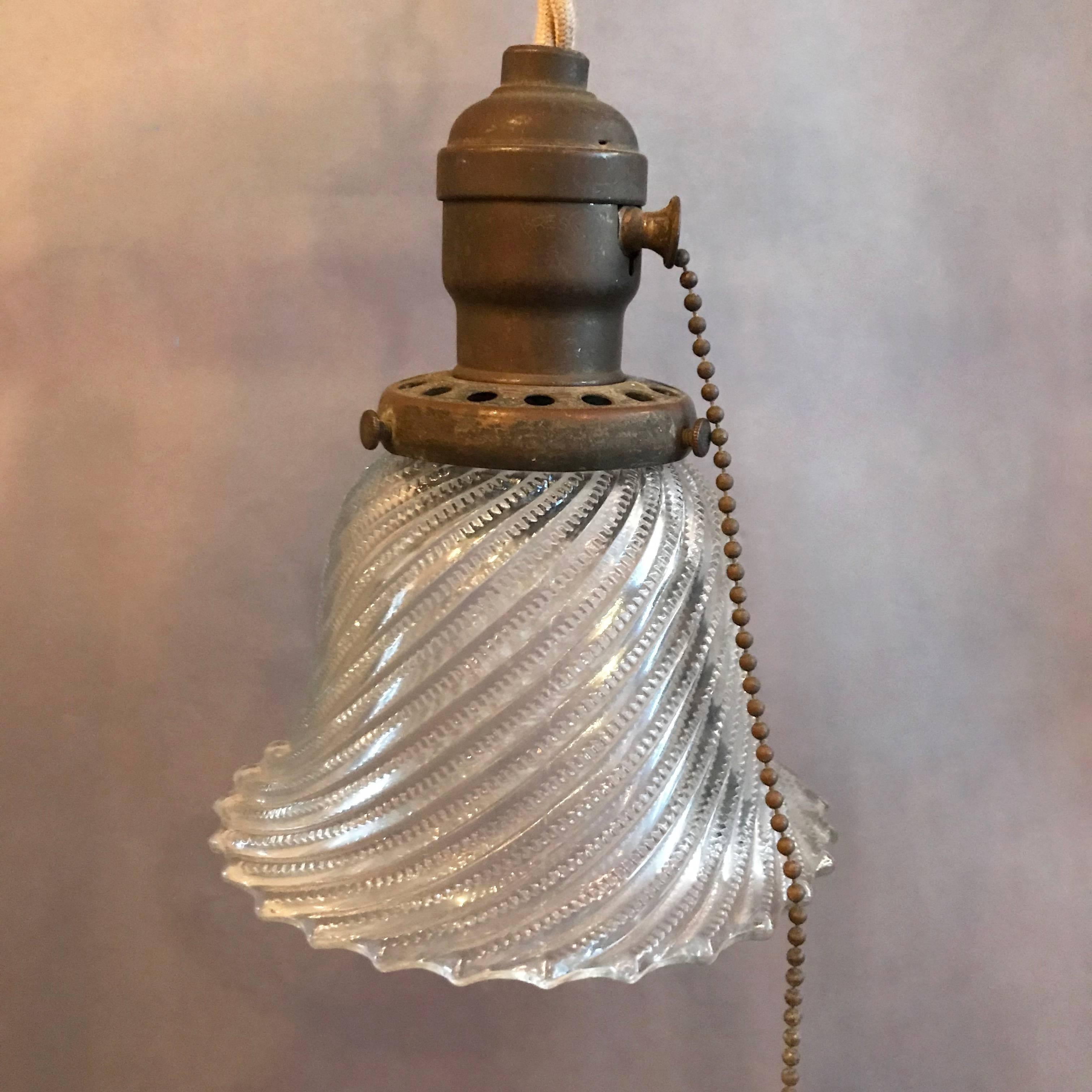 Industrial Petite Diagonal Swirl Holophane Bell Pendant Lights In Good Condition For Sale In Brooklyn, NY