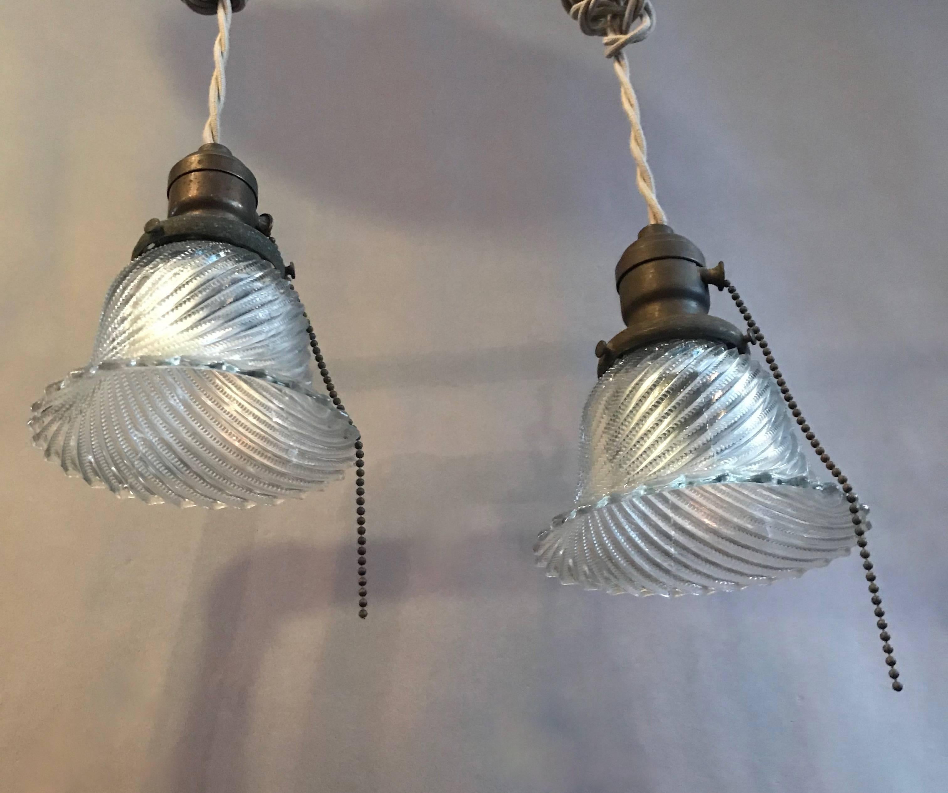 Early 20th Century Industrial Petite Diagonal Swirl Holophane Bell Pendant Lights For Sale
