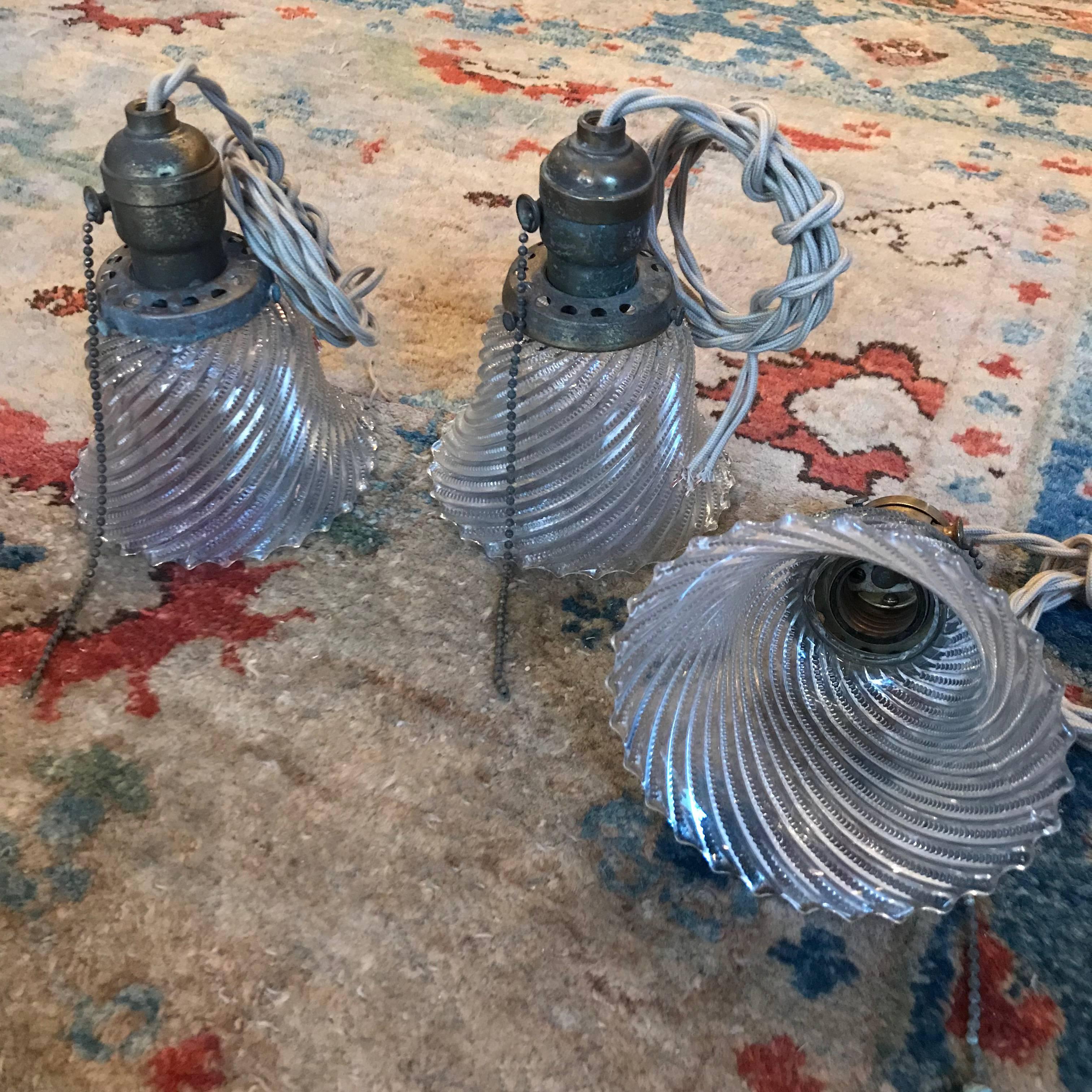 Brass Industrial Petite Diagonal Swirl Holophane Bell Pendant Lights For Sale