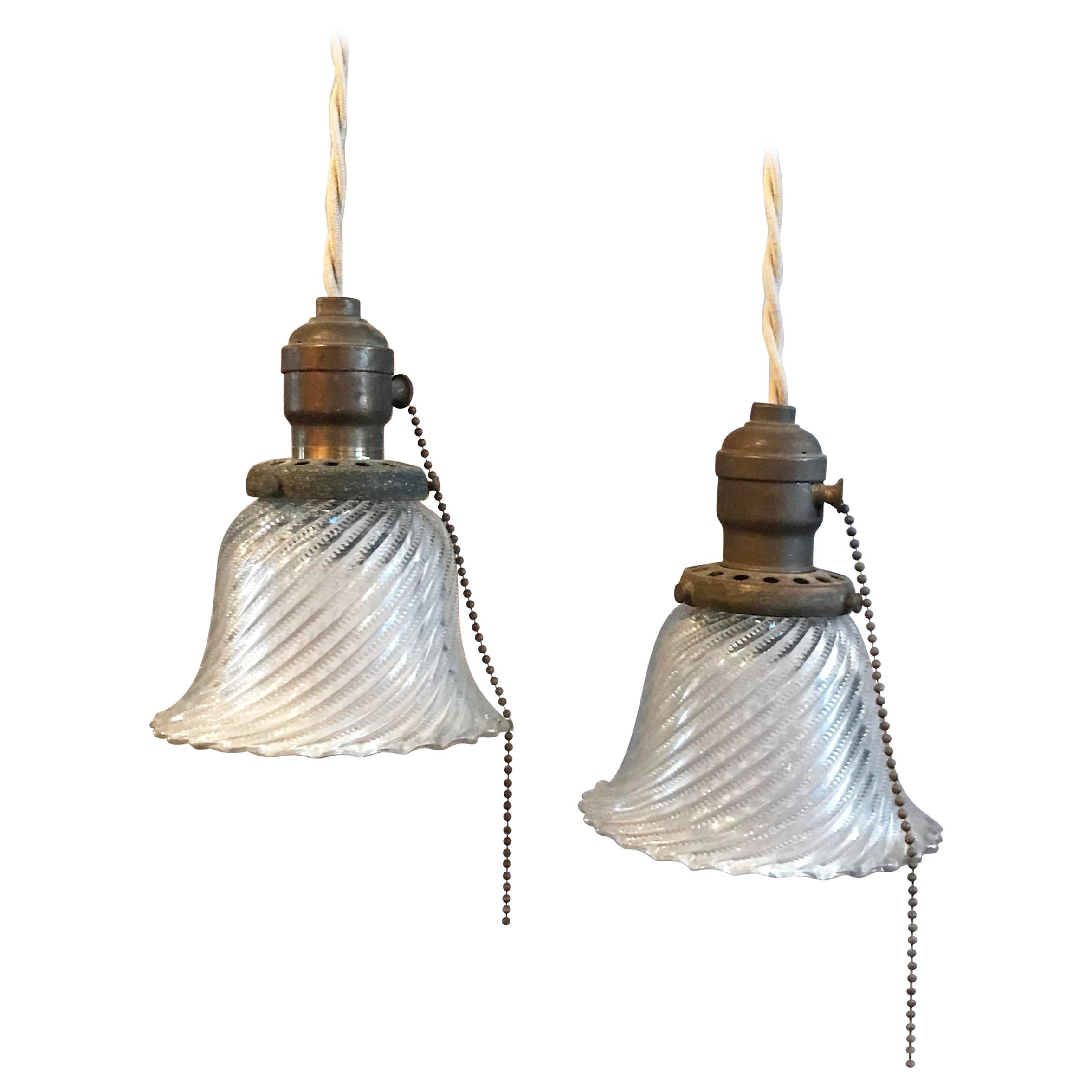 Industrial Petite Diagonal Swirl Holophane Bell Pendant Lights For Sale