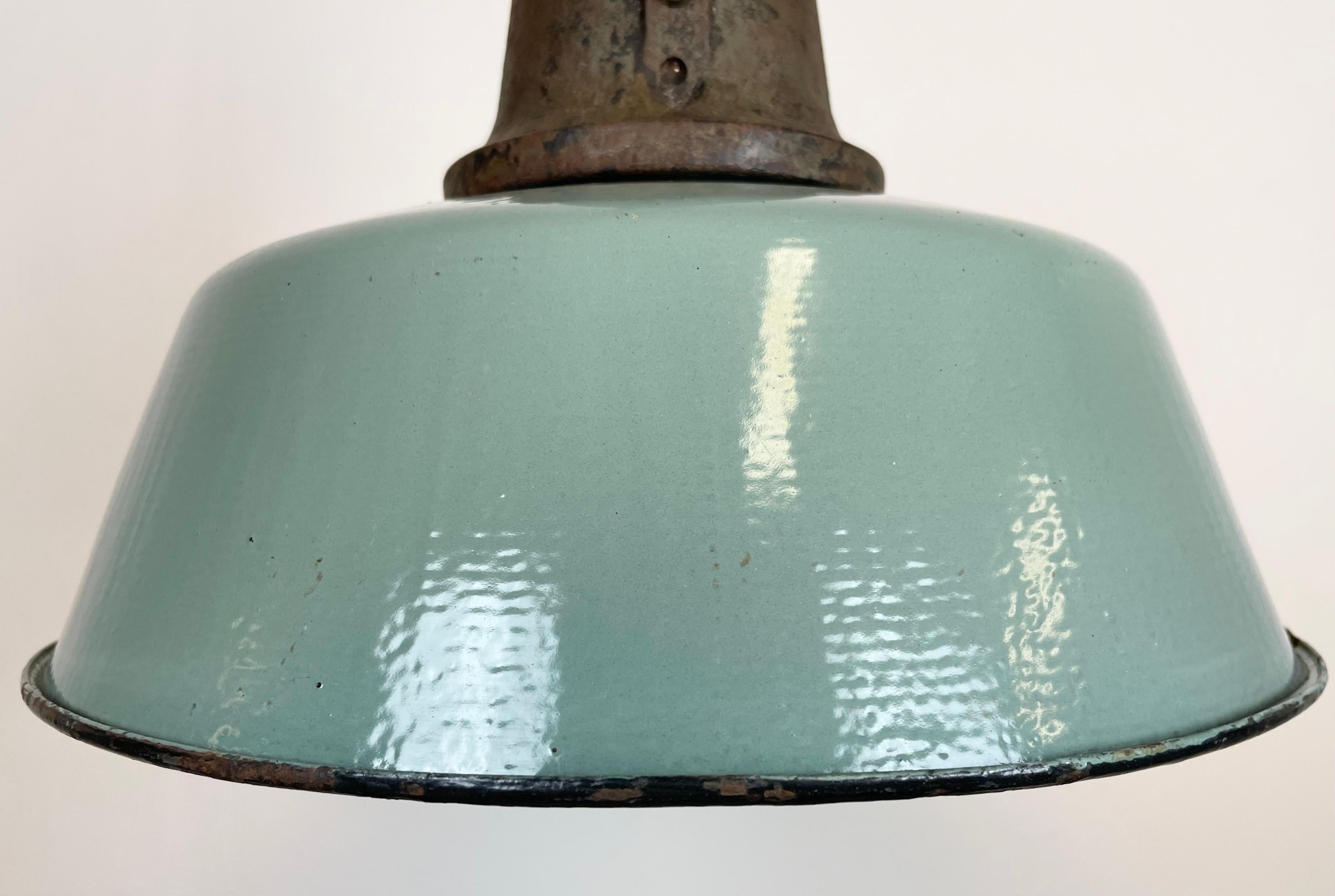 Polish Industrial Petrol Enamel Factory Lamp with Cast Iron Top, 1960s For Sale