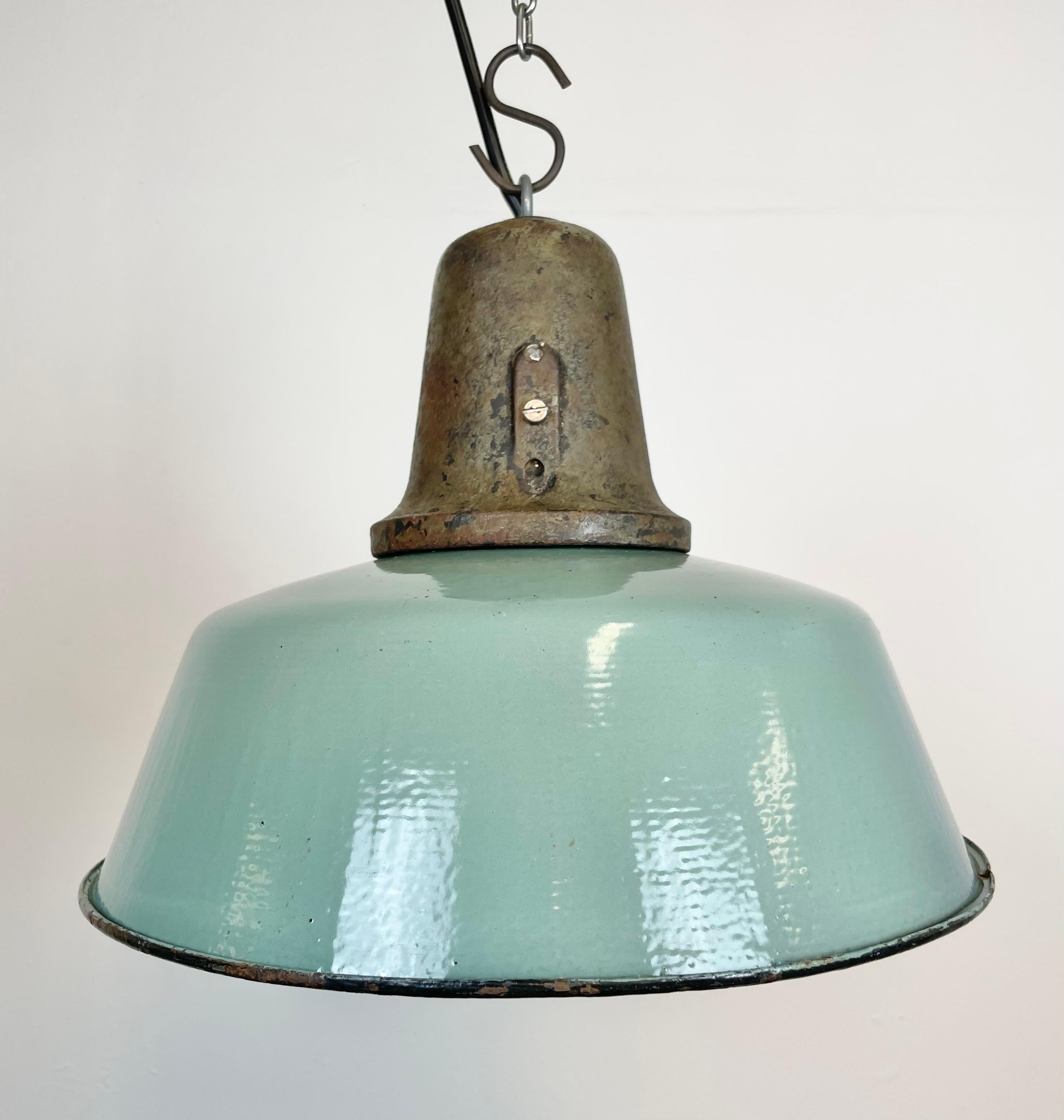 20th Century Industrial Petrol Enamel Factory Lamp with Cast Iron Top, 1960s For Sale