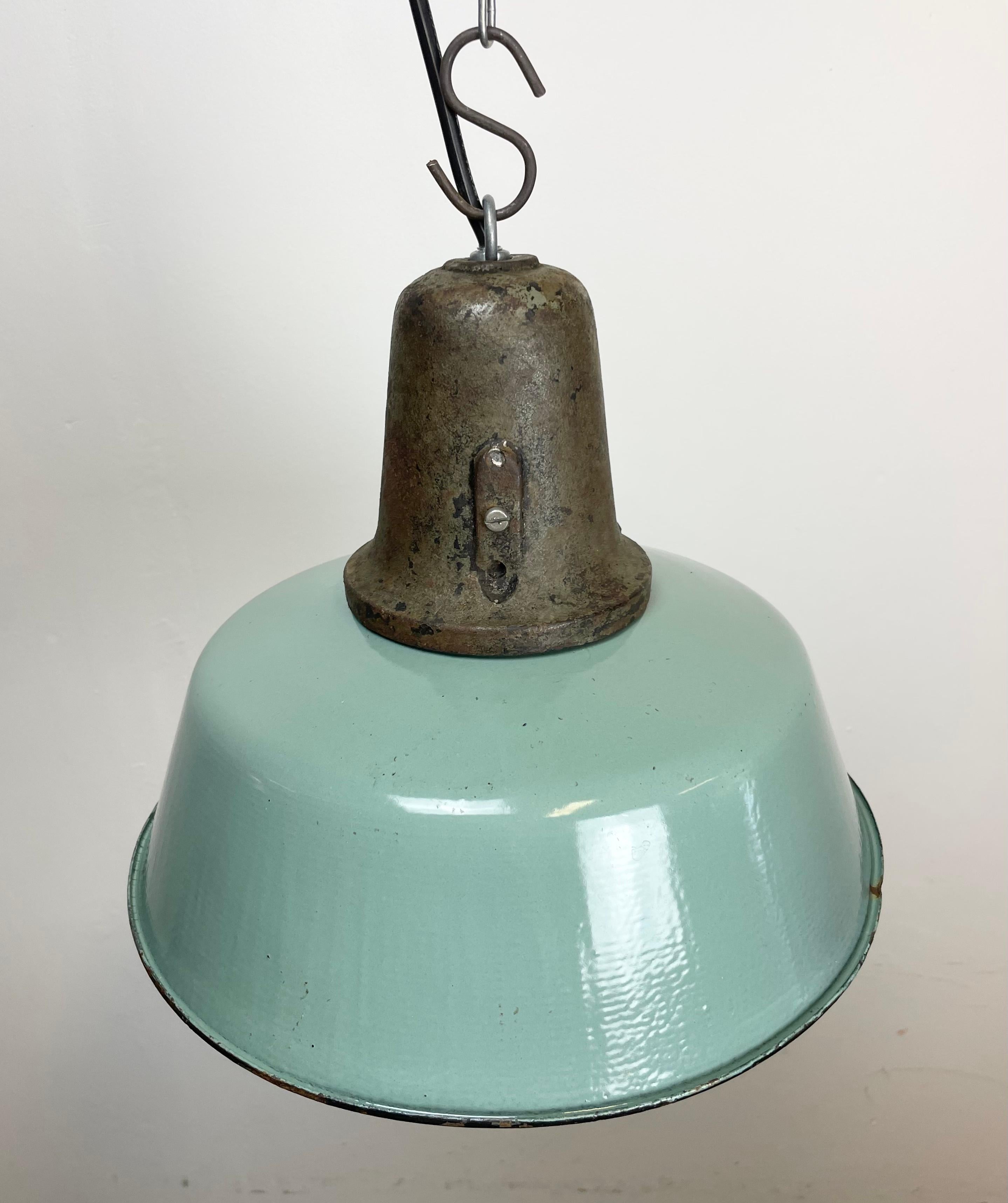 Industrial Petrol Enamel Factory Lamp with Cast Iron Top, 1960s For Sale 3