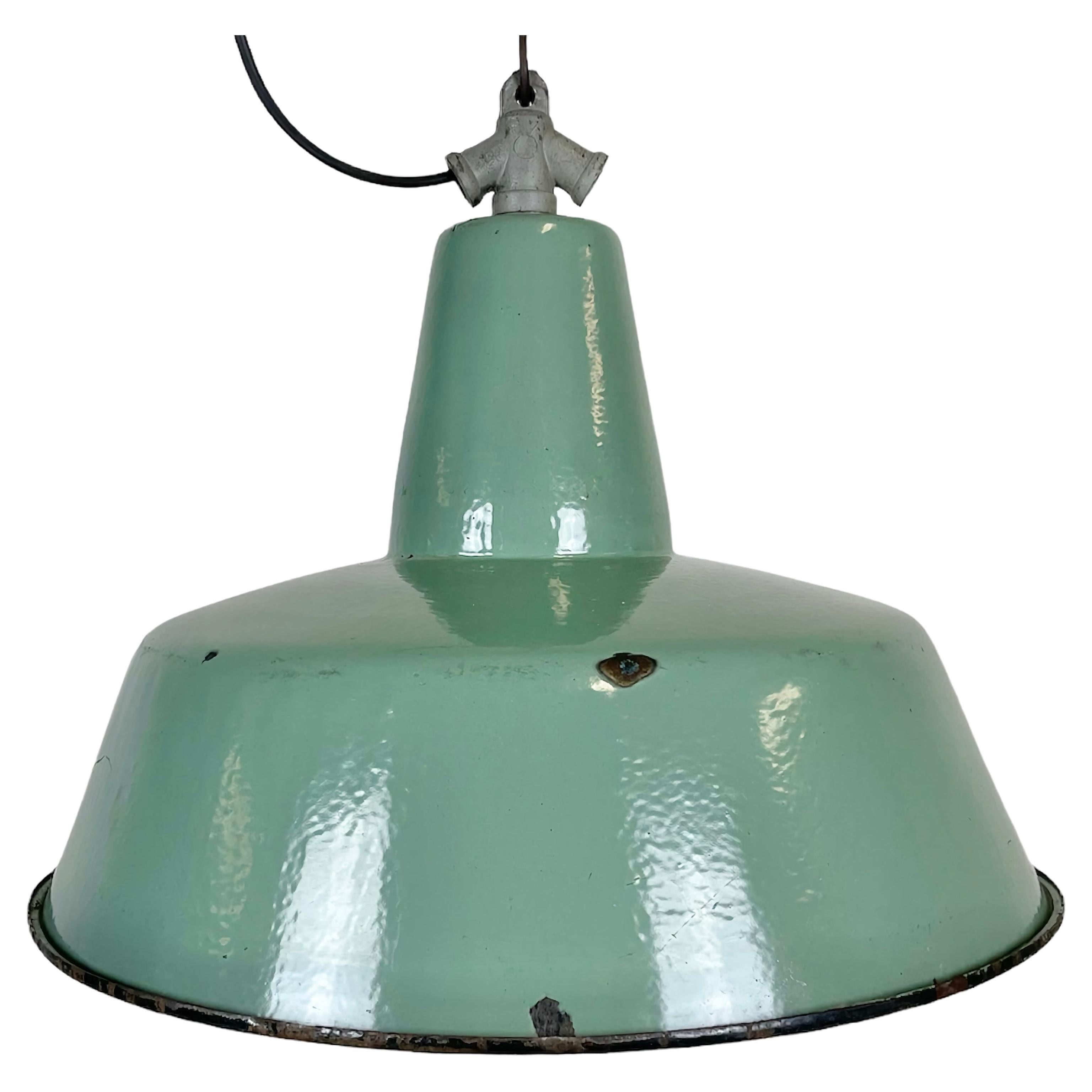 Industrial Petrol Enamel Factory Lamp with Cast Iron Top, 1960s For Sale at  1stDibs