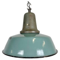 Vintage Industrial Petrol Enamel Factory Lamp with Cast Iron Top, 1960s