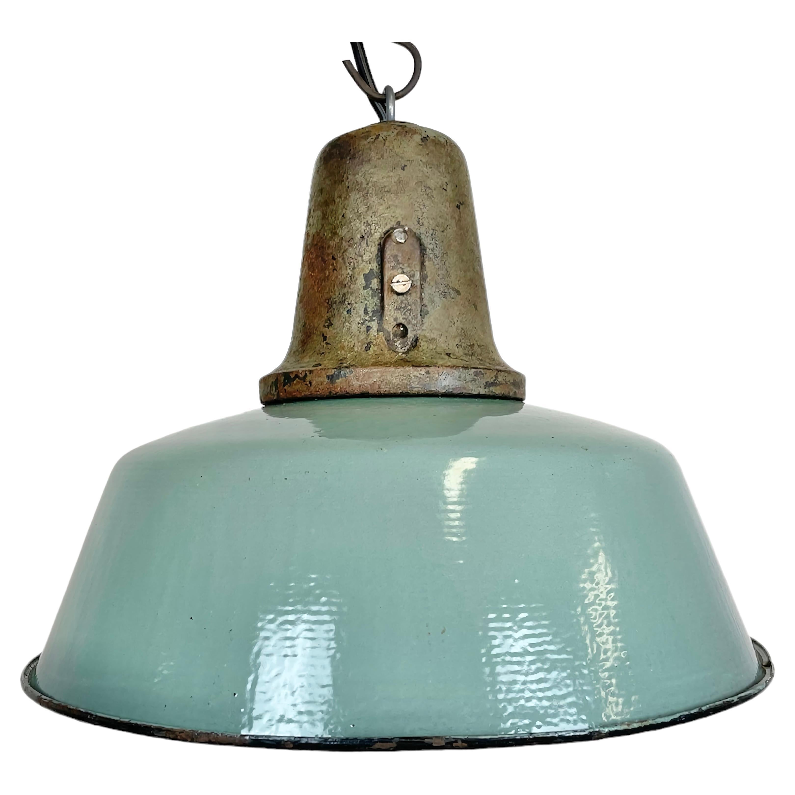 Industrial Petrol Enamel Factory Lamp with Cast Iron Top, 1960s For Sale