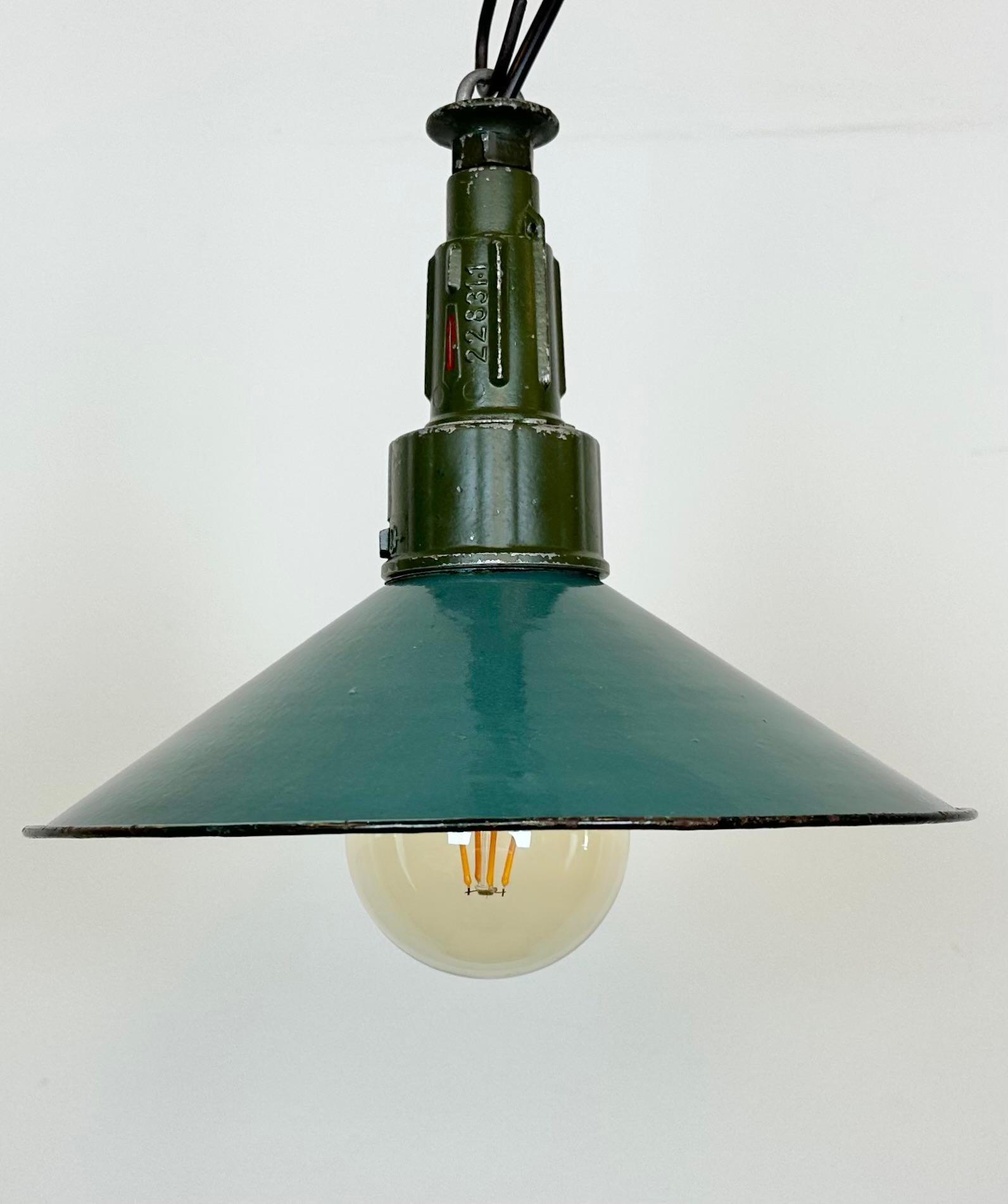 Polish Industrial Petrol Enamel Military Pendant Lamp with Cast Aluminium Top, 1960s For Sale