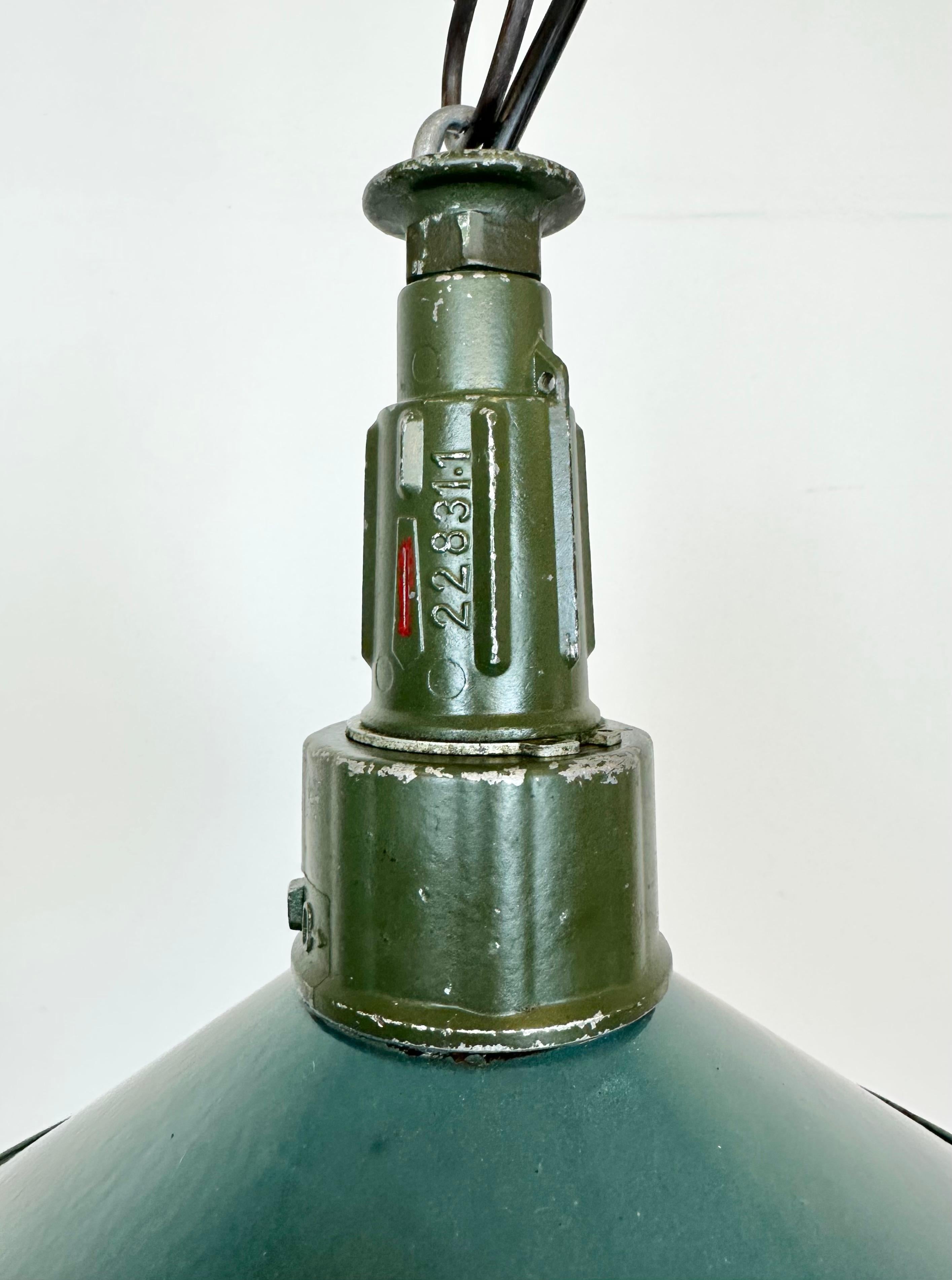 Industrial Petrol Enamel Military Pendant Lamp with Cast Aluminium Top, 1960s In Good Condition For Sale In Kojetice, CZ