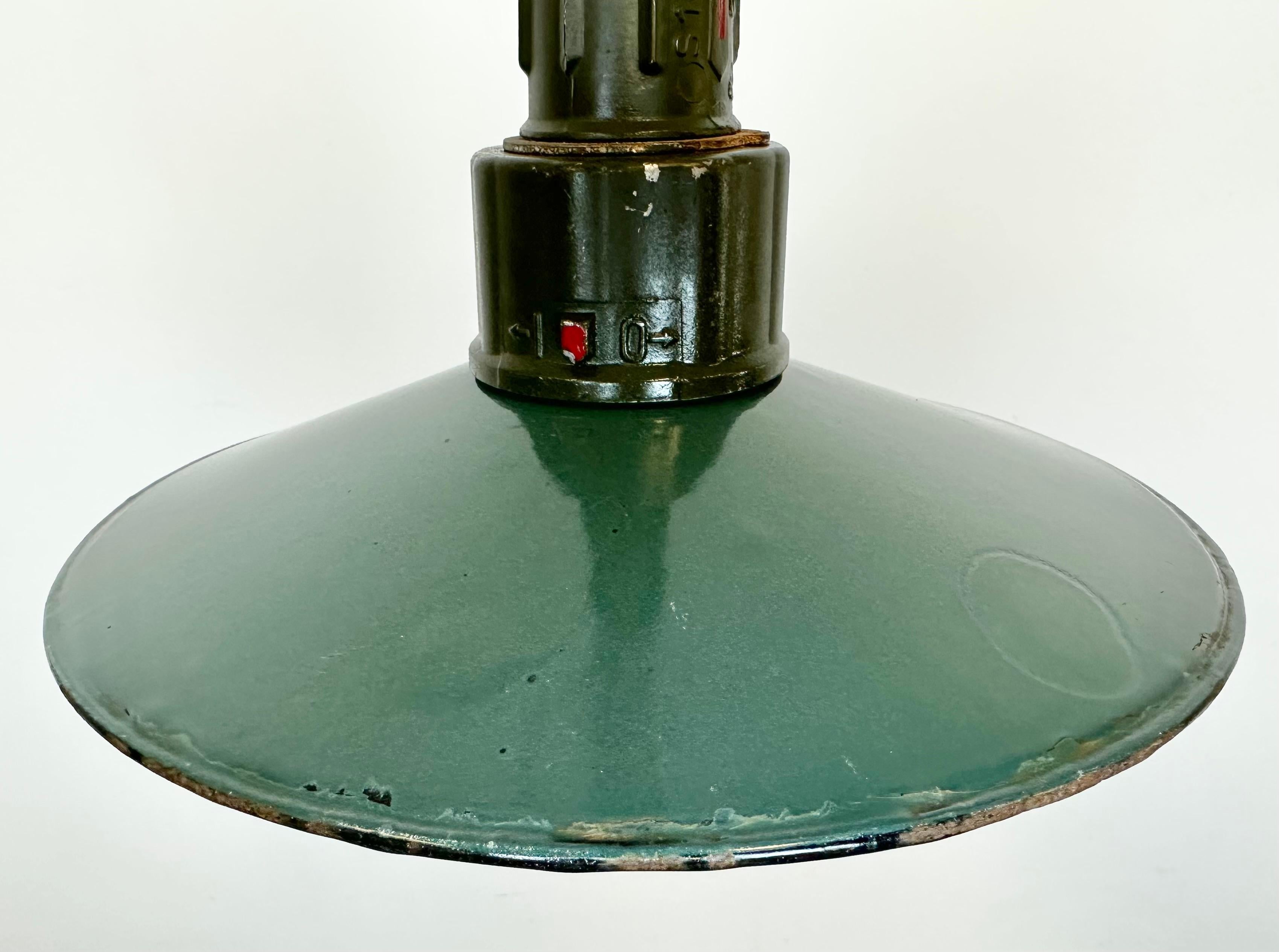 Industrial Petrol Enamel Military Pendant Lamp with Cast Aluminium Top, 1960s In Good Condition For Sale In Kojetice, CZ