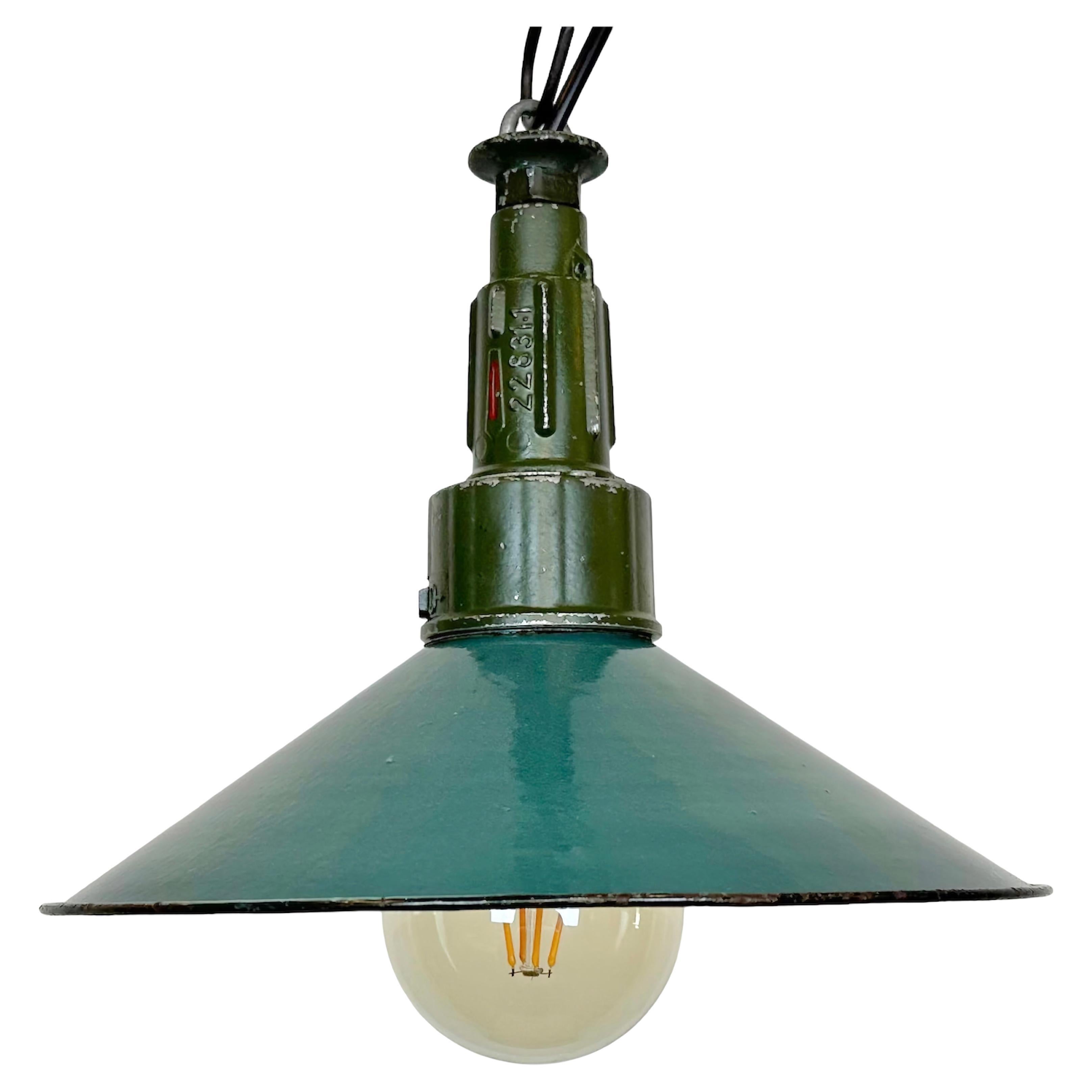 Industrial Petrol Enamel Military Pendant Lamp with Cast Aluminium Top, 1960s For Sale