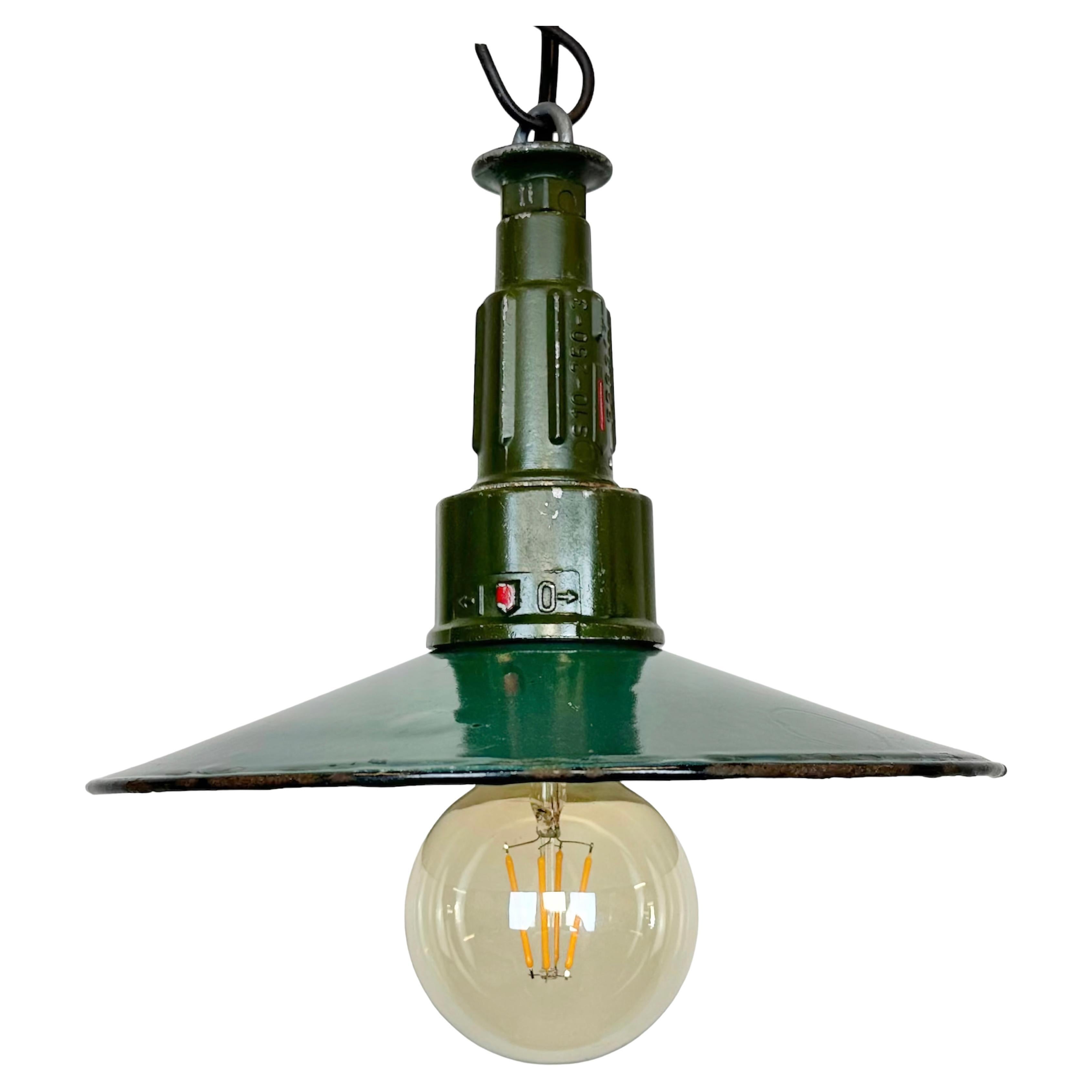 Industrial Petrol Enamel Military Pendant Lamp with Cast Aluminium Top, 1960s