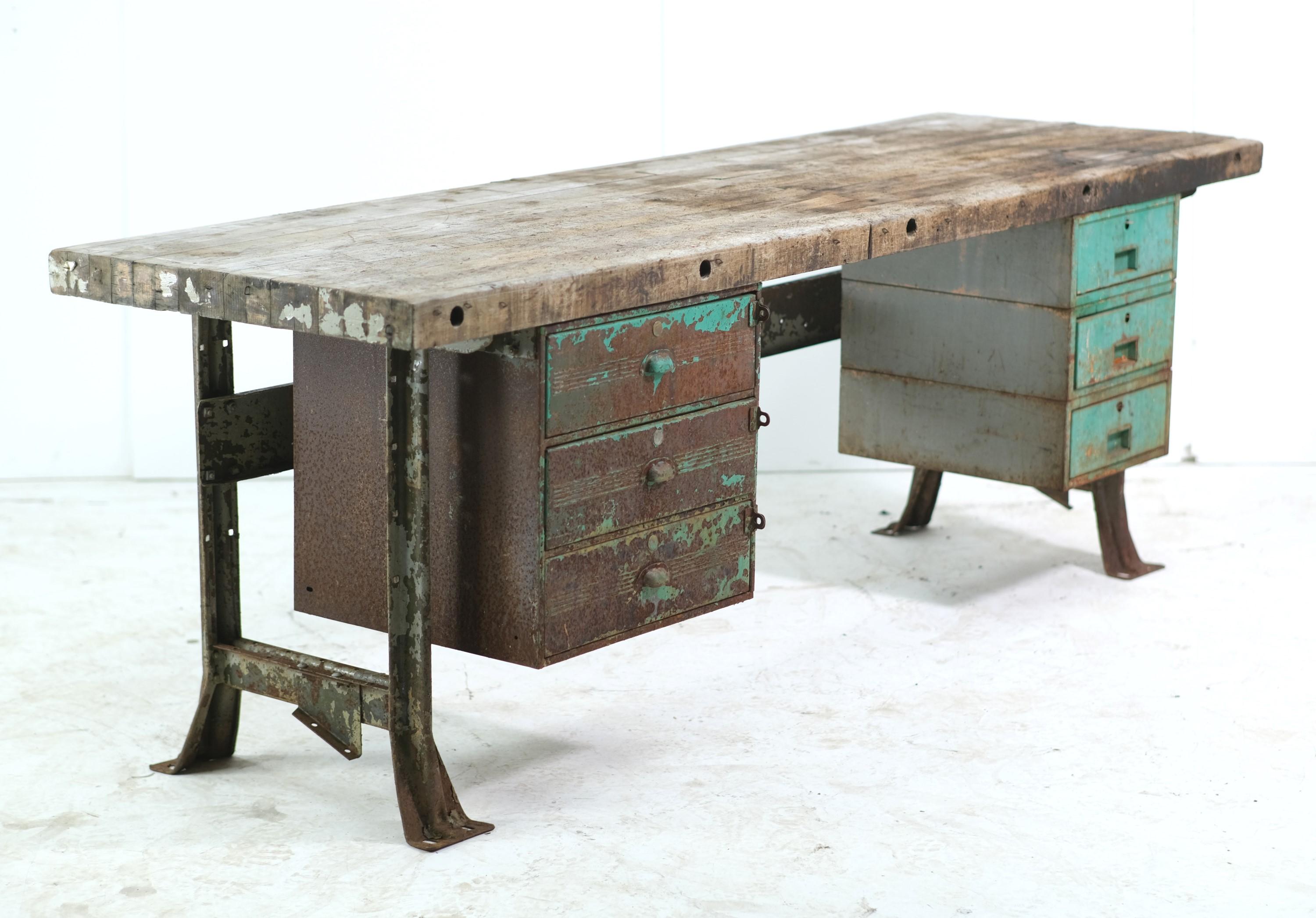 Industrial Pine Top Work Table with Steel Base + 6 Drawers 3