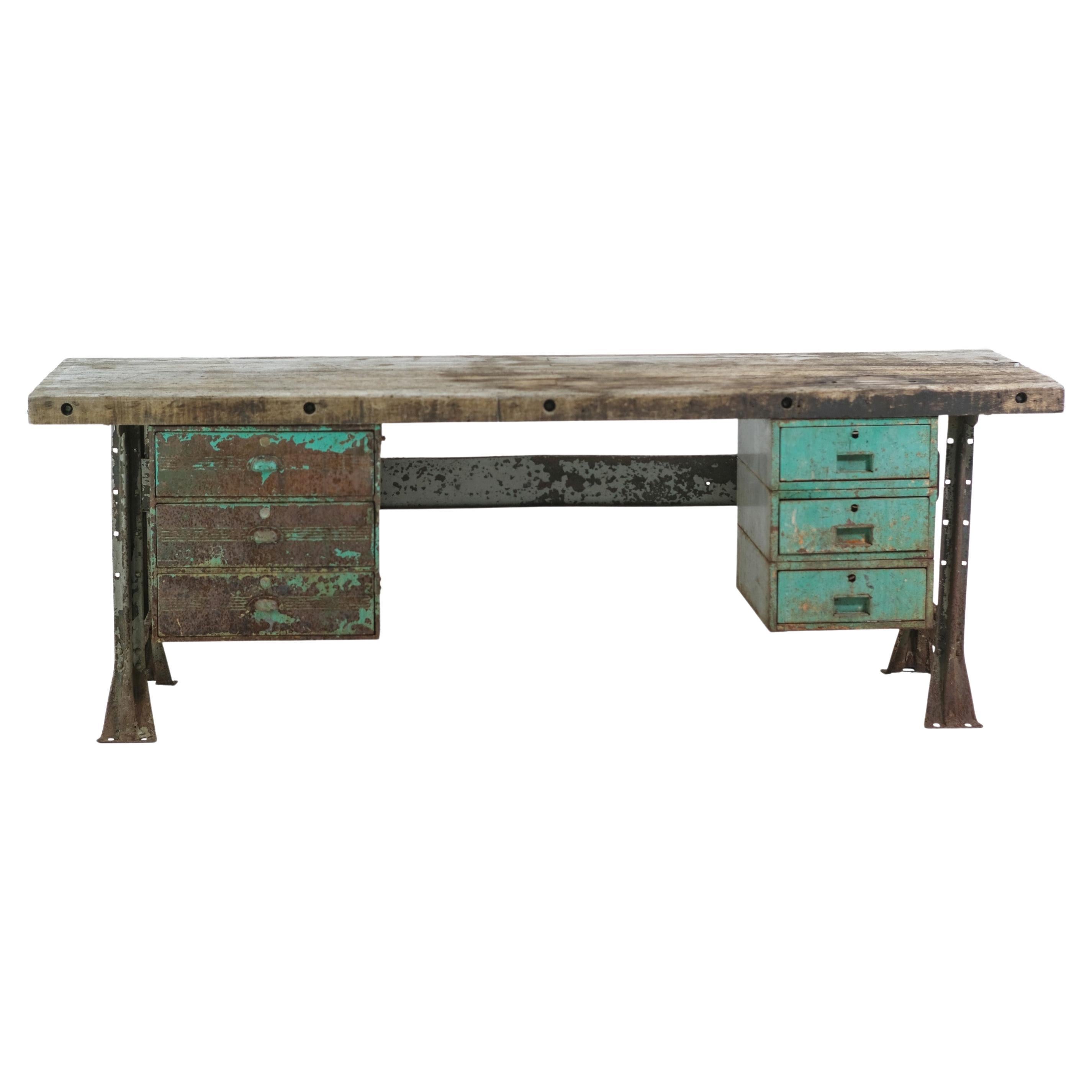 Industrial Pine Top Work Table with Steel Base + 6 Drawers