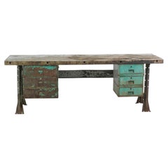 Vintage Industrial Pine Top Work Table with Steel Base + 6 Drawers