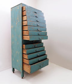 Industrial pine workshop cabinet with 12 drawers, circa 1940
