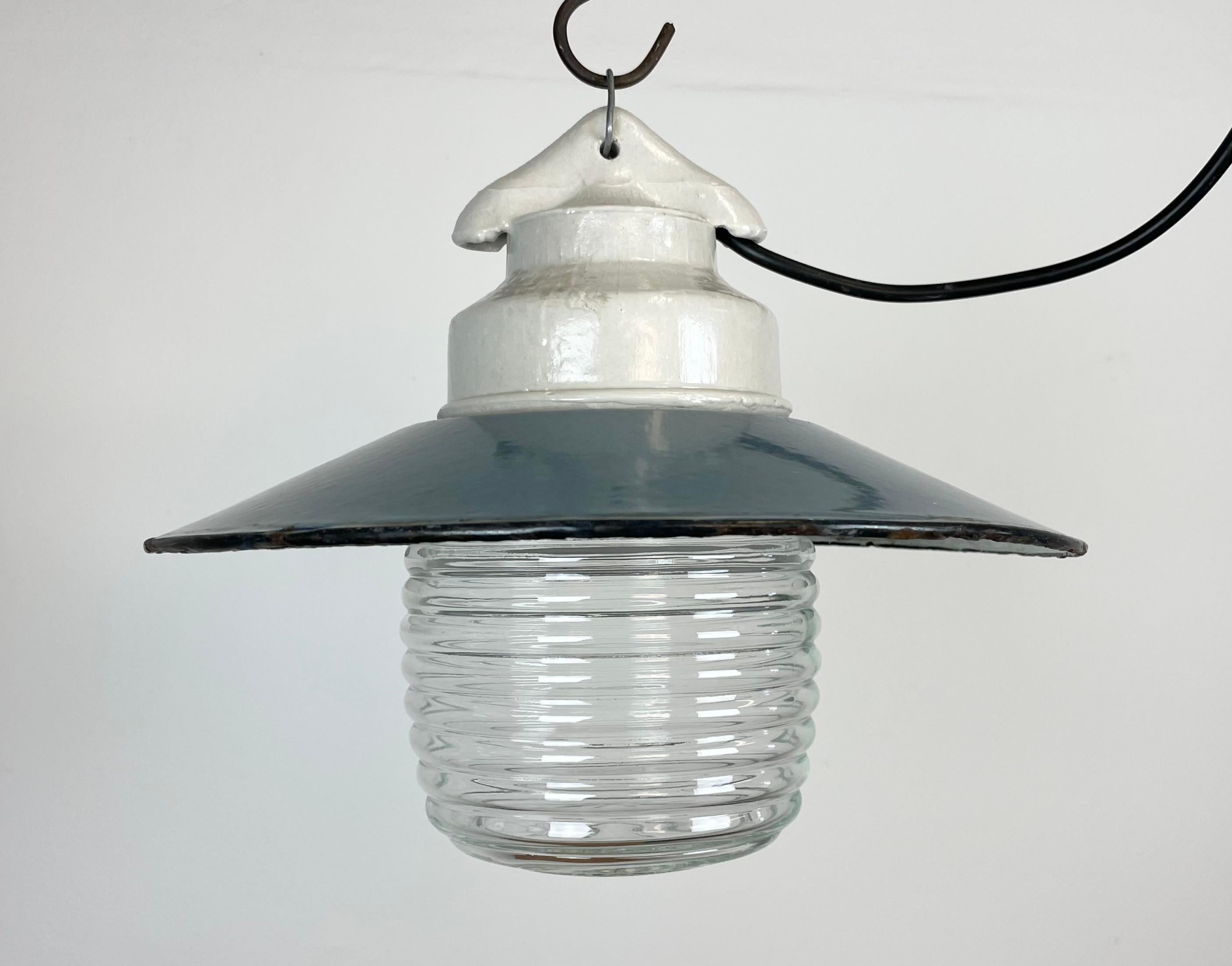 Russian Industrial Porcelain Blue Enamel Pendant Light with Ribbed Clear Glass, 1970s