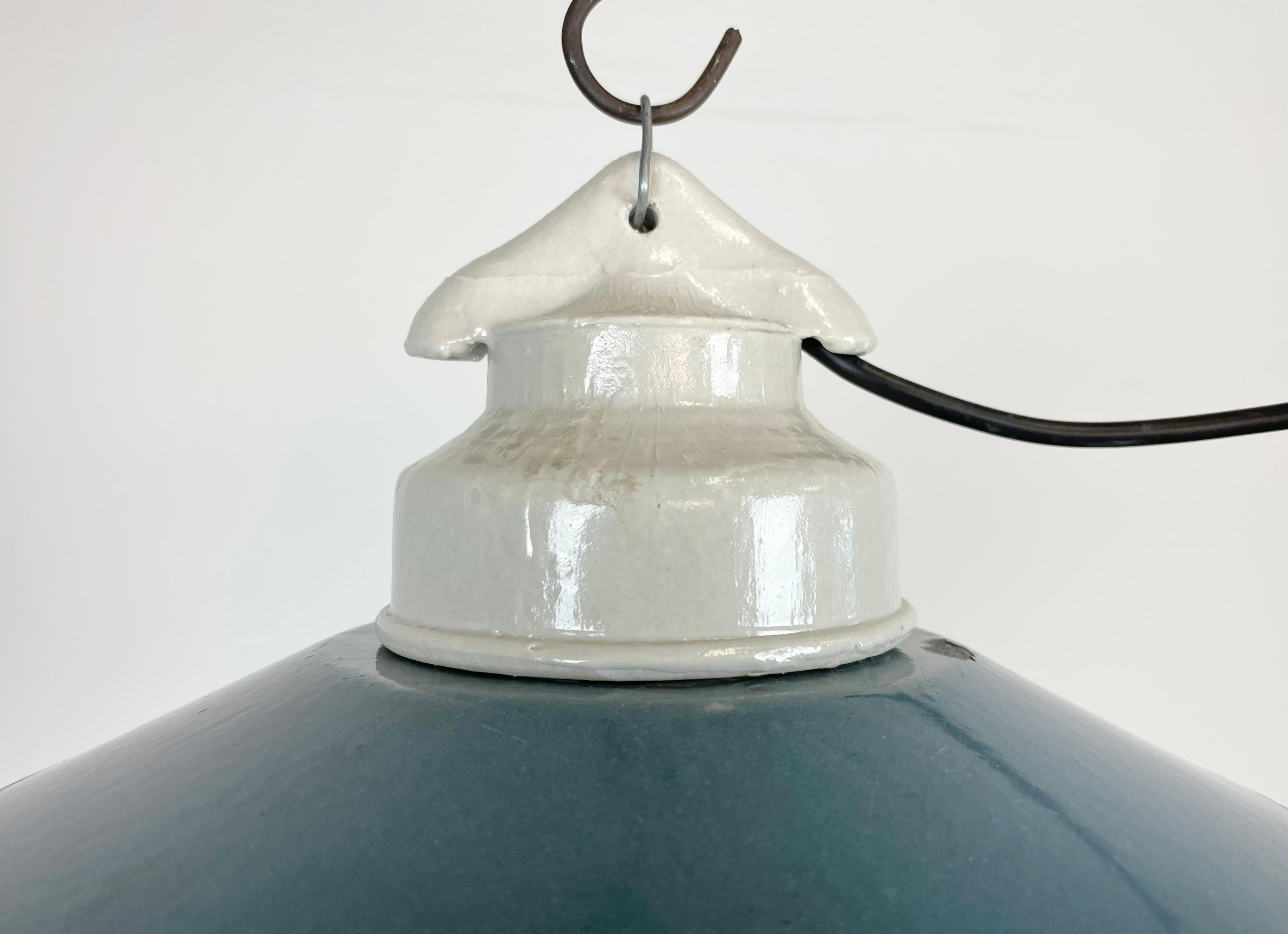 Industrial Porcelain Blue Enamel Pendant Light with Ribbed Clear Glass, 1970s In Good Condition In Kojetice, CZ