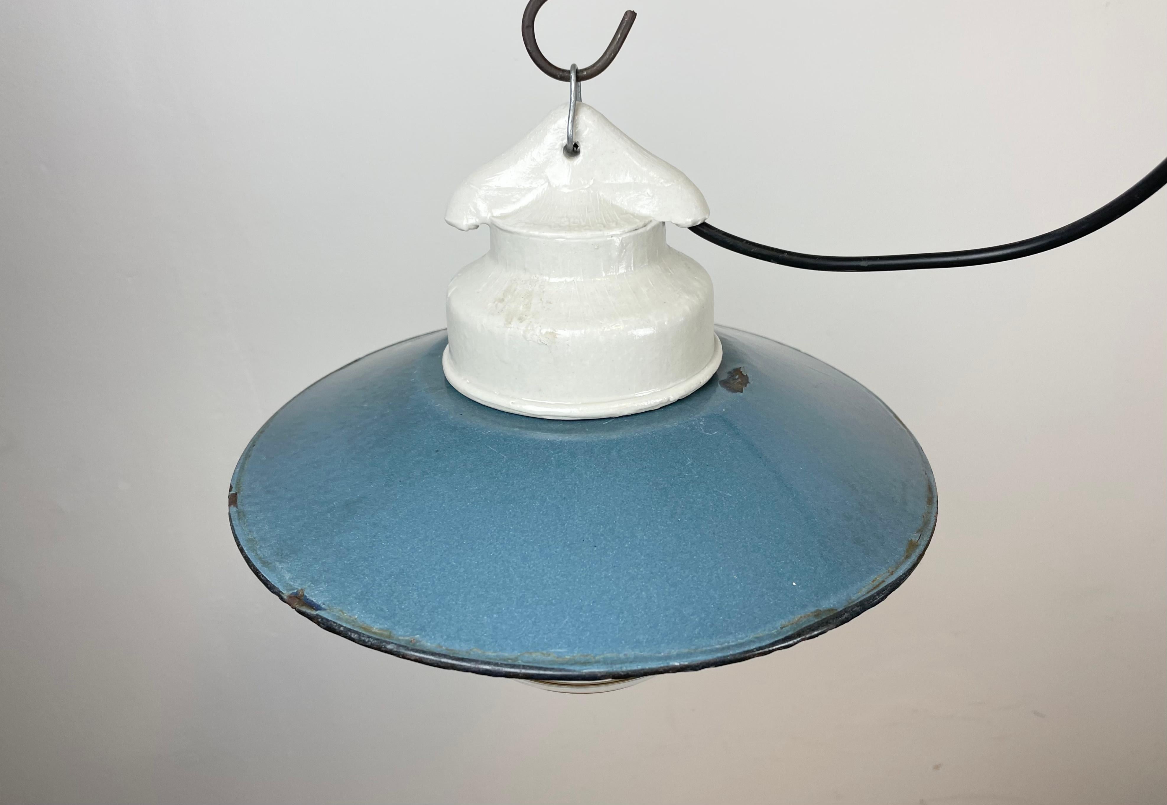 Late 20th Century Industrial Porcelain Blue Enamel Pendant Light with Ribbed Clear Glass, 1970s
