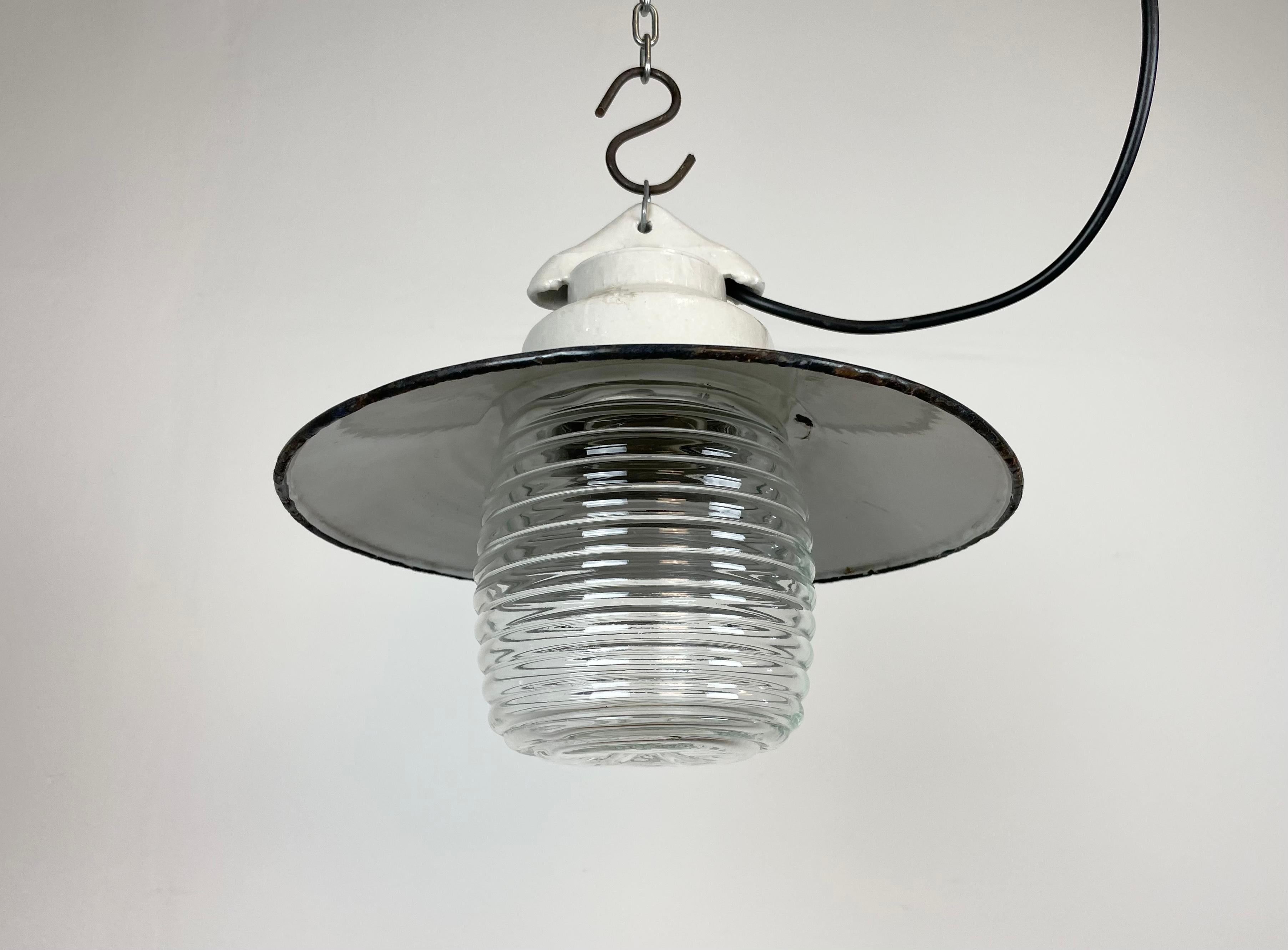 Industrial Porcelain Blue Enamel Pendant Light with Ribbed Clear Glass, 1970s 1